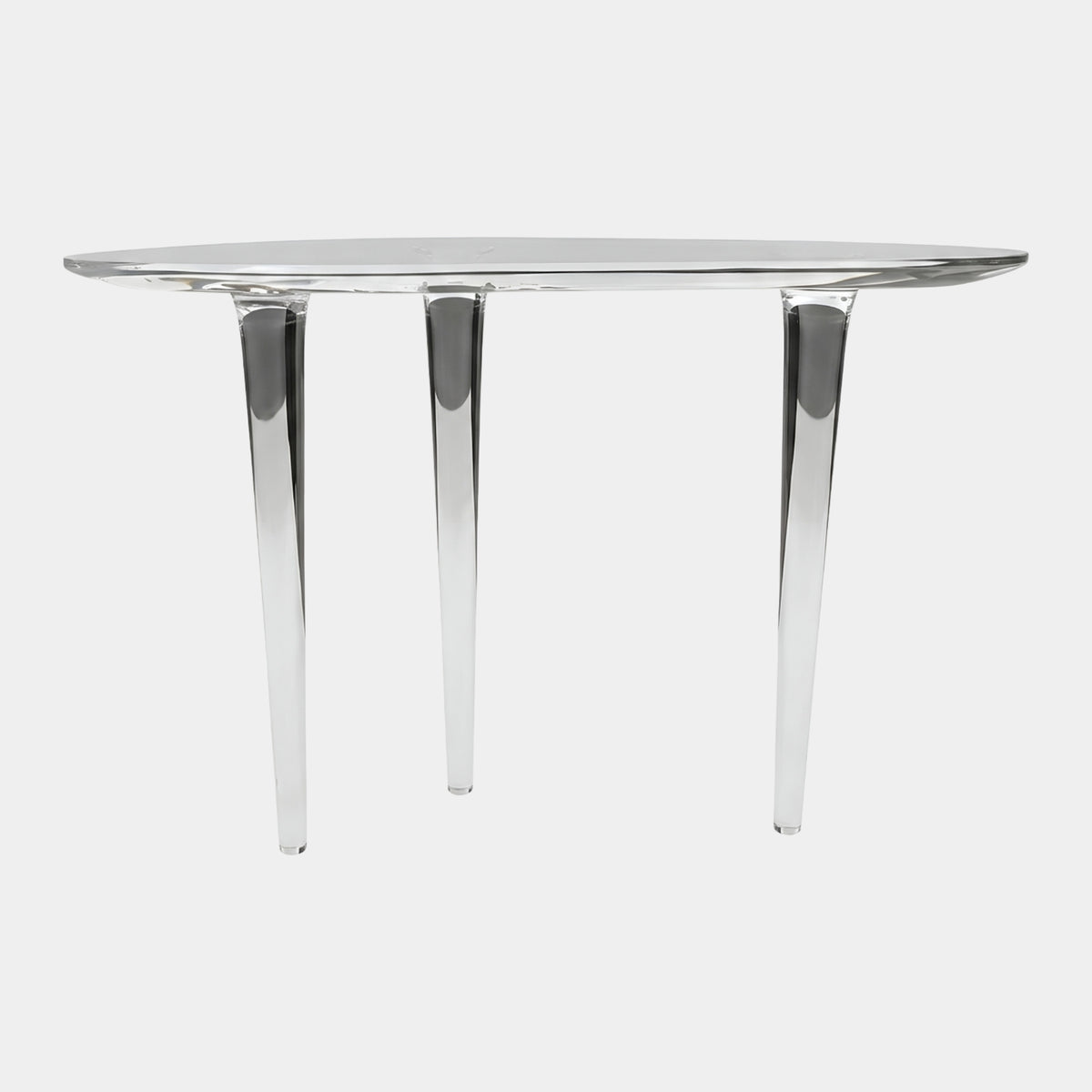 Clear Rippled Slab Three Leg Resin Console (160cm) by Giant Sculptures, showing a torn-edge clear resin top on three tapering legs against a plain light grey background.