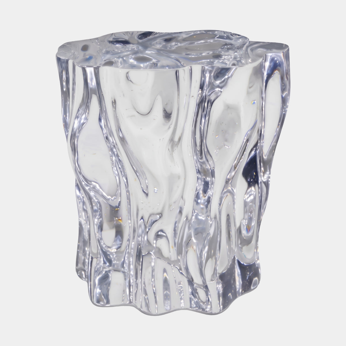 Clear Channelled Stump Cast Resin Stool (45cm) by Giant Sculptures, showing deep vertical channels like split bark, on a plain white background.