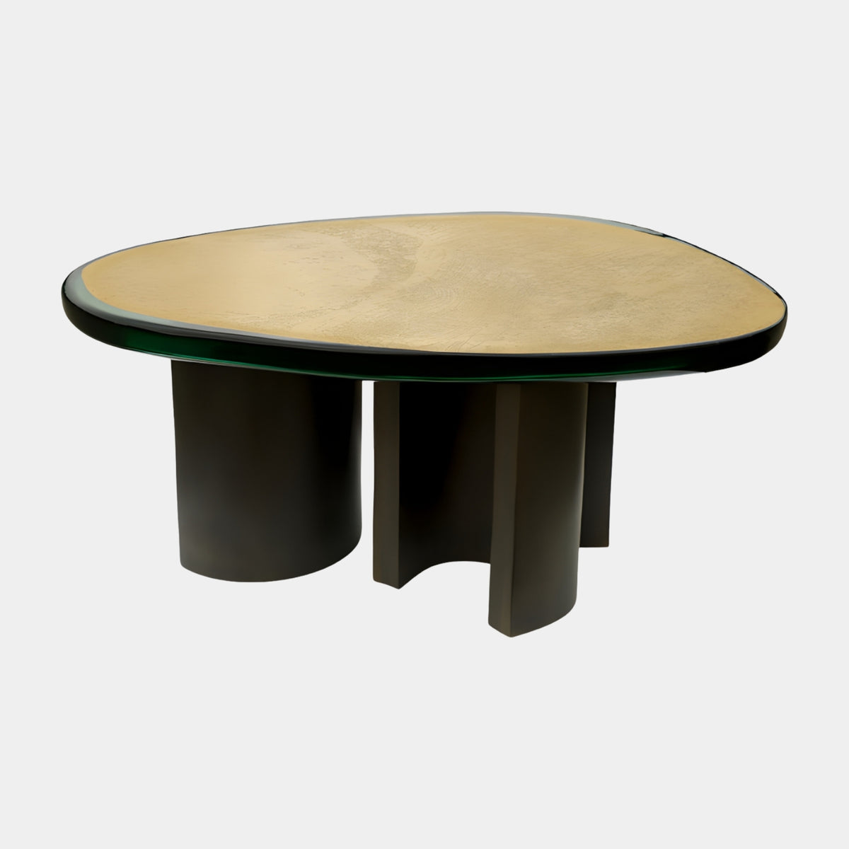 Green Rim Gold Panel Pebble Low Table - 95cm with pale gold textured top, translucent green rim, and dark brown sculptural base, shown on a plain white background.