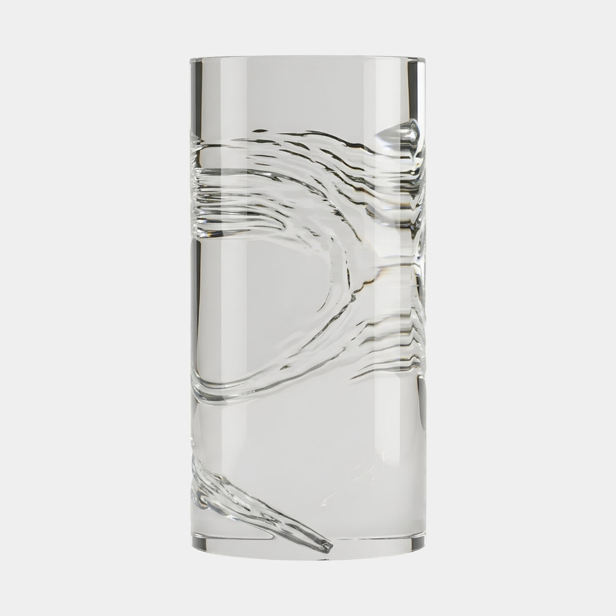 Clear Ripple Cut Cast Resin Column Table, 60cm, cylindrical clear resin side table with wave-like rippled rings cut into the surface, on a plain white background.