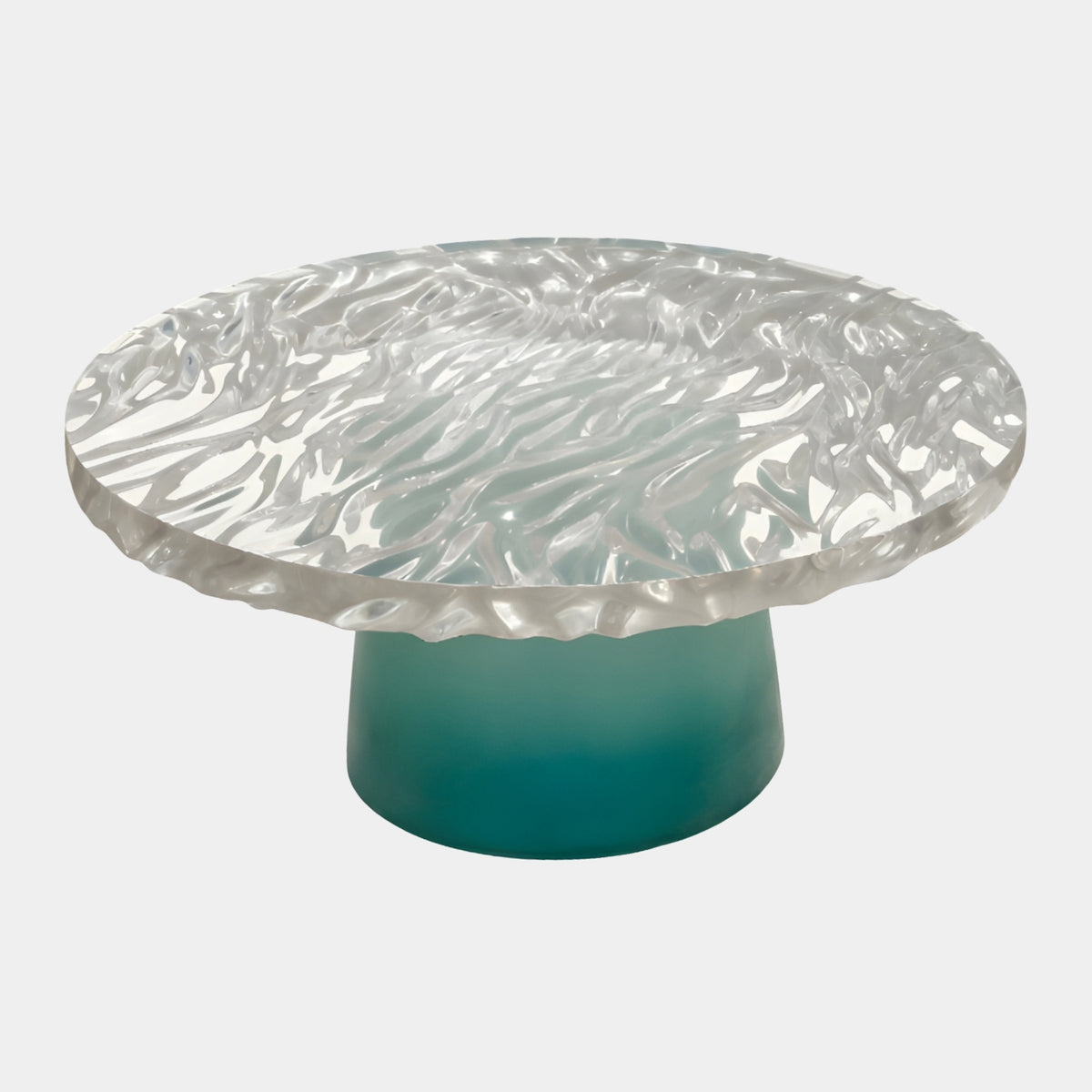 Clear Folded Top Green Cone Low Table (80cm) with a resin disc of dense folds and torn edge atop a frosted green cone base, shown on a plain white background.