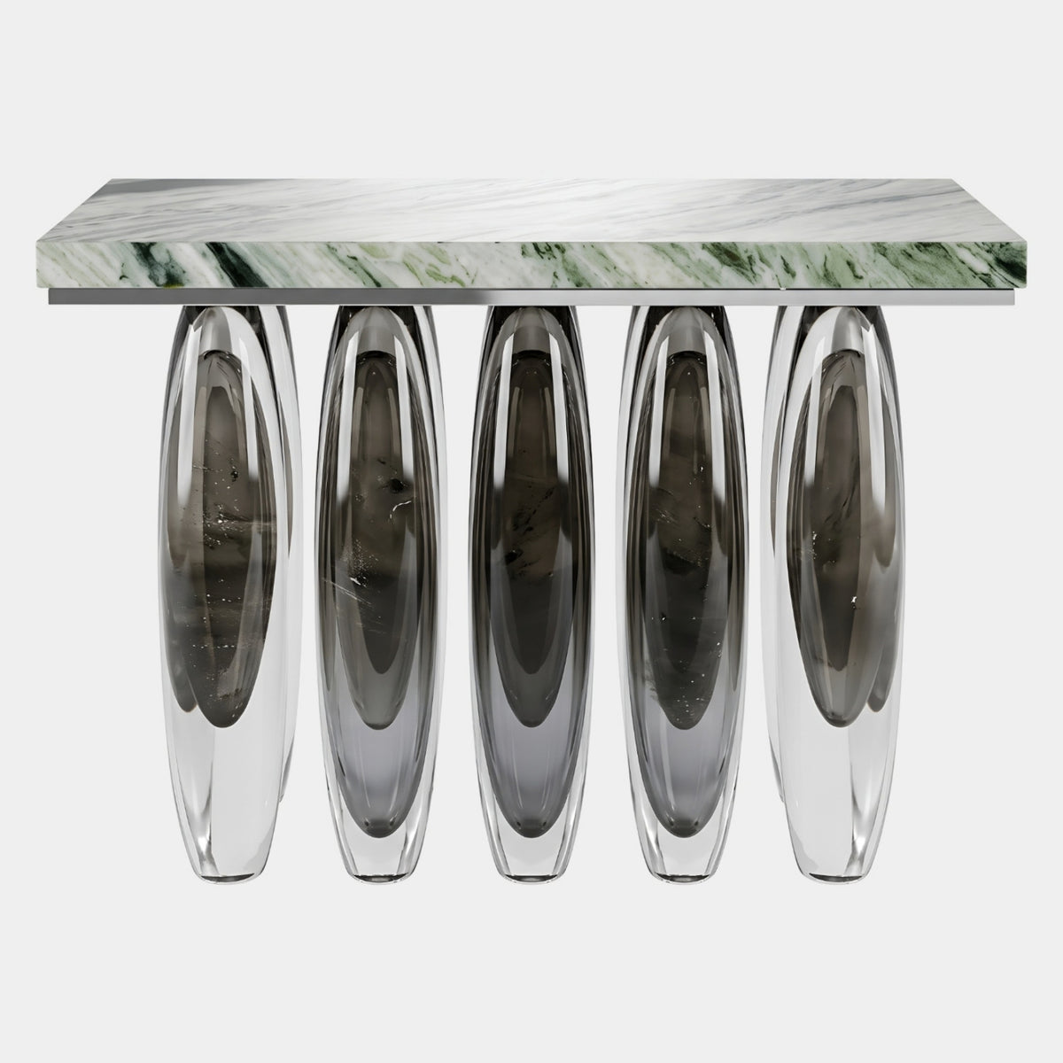 White Marble Top Grey Acrylic Tube Console, 110cm, with green-veined marble slab on five smoke-grey acrylic oval tubes, shown on a plain white background.