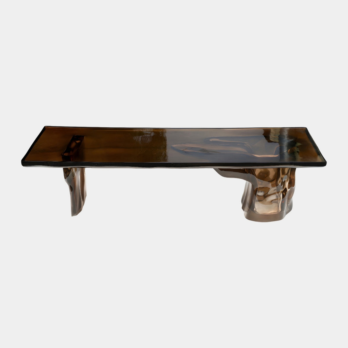 Brown Molten Leg Cast Resin Low Table (160cm) with a translucent smoky brown slab top and raised lip, resting on two sculpted resin legs, shown on a plain white background.