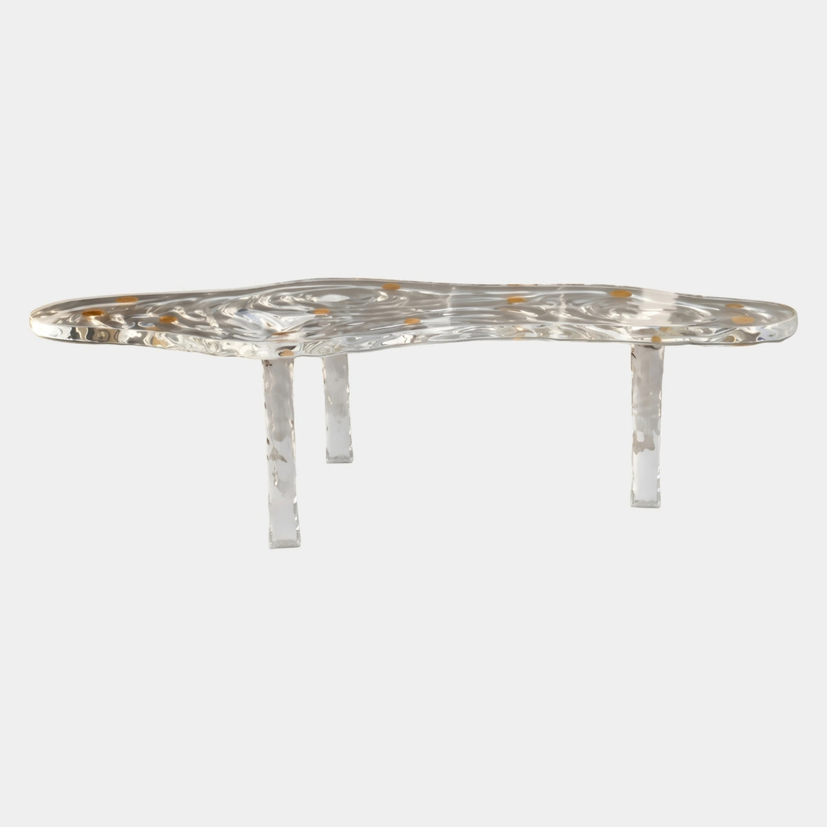 Clear Organic Plan Three Leg Resin Console (228cm) with rippled, torn-edge top, orange flecks, and three slender tapering legs on a plain white background.