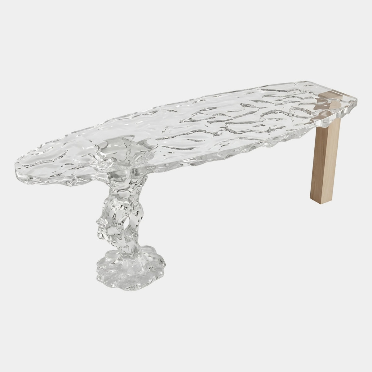 Clear Crumpled Ice Slab & Timber Post Console - 240cm