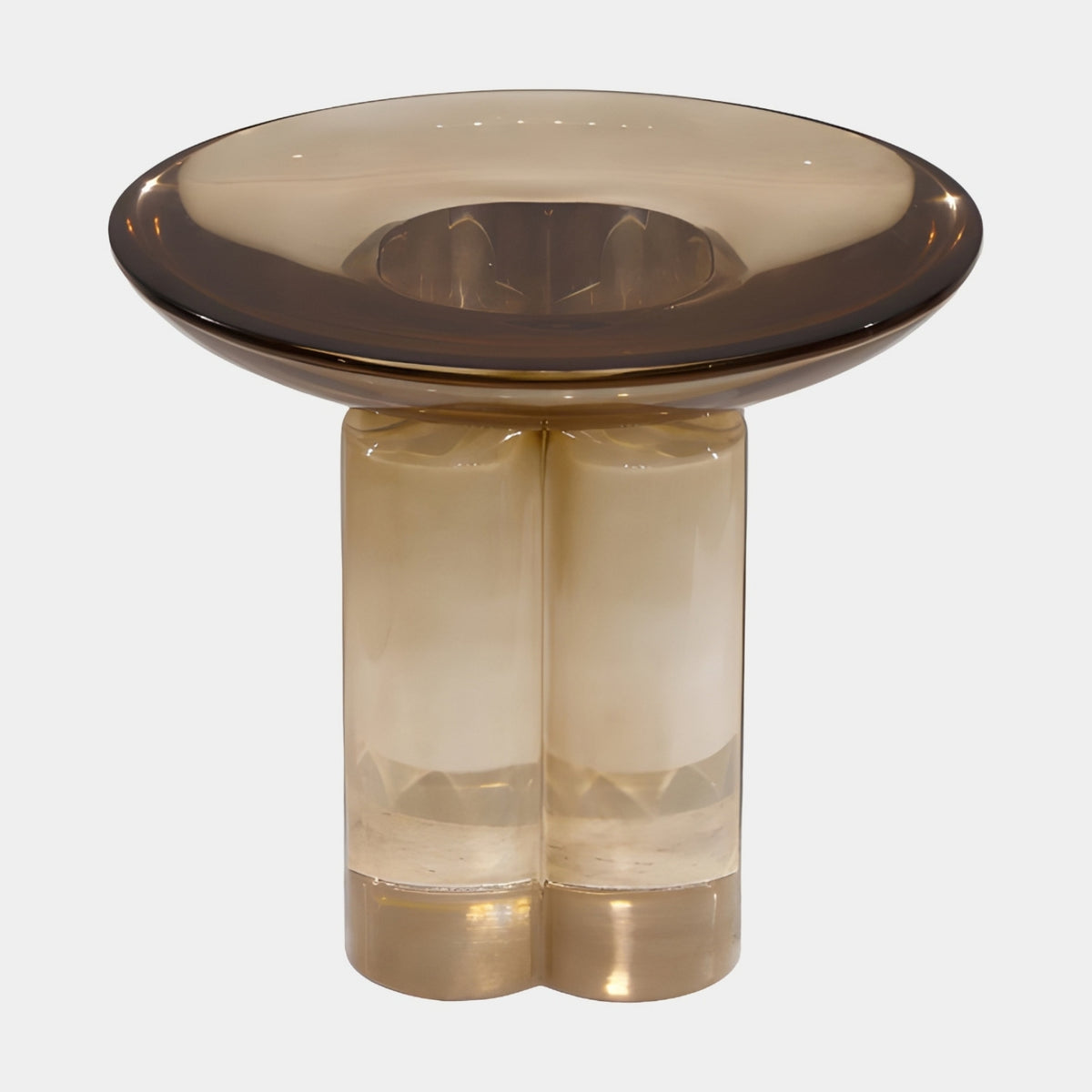 Brown Dished Top Clustered Acrylic Side Table, 45cm, with a wide smoky brown dished top on three fused cylindrical legs, shown on a plain white background.