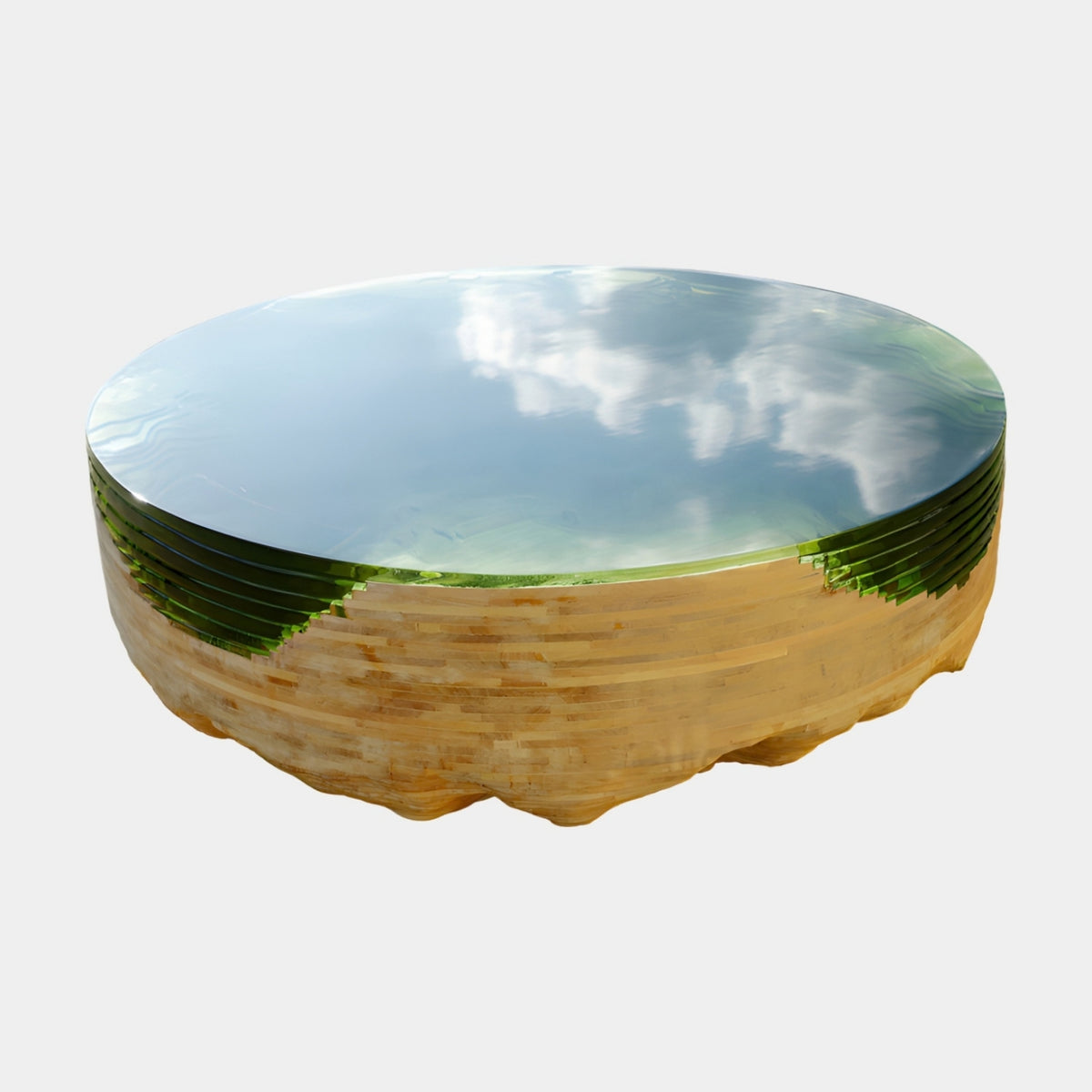Green Top Laminated Timber Drum Low Table, 120cm, with a mirror-polished green resin top and stepped pale timber base, shown on a plain white background.