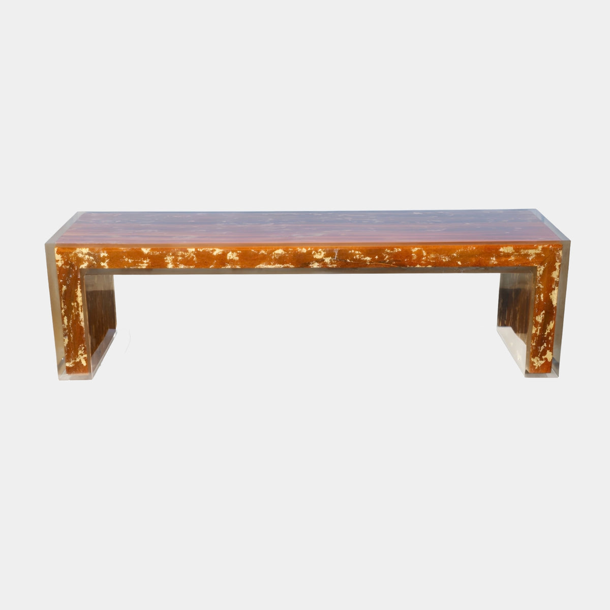 Amber Encased Timber Cast Resin Bench - 160cm with waterfall-edge legs, amber resin showing pale sapwood and bark texture, on a plain white background.