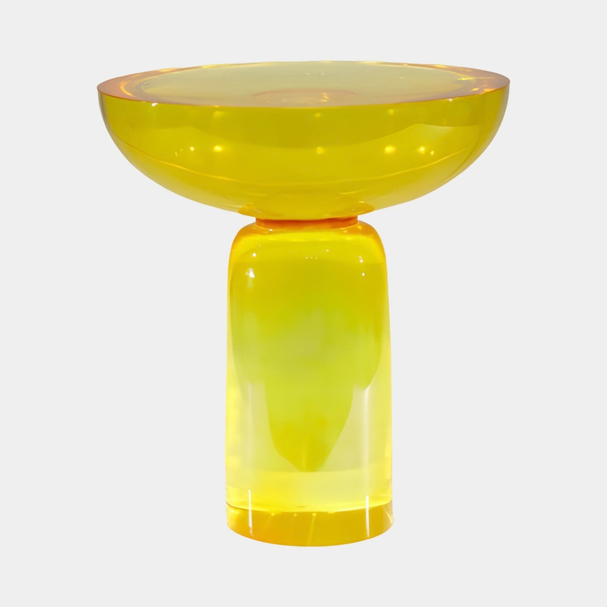 Yellow Dished Top Cast Resin Side Table, 39cm, with a shallow rolled-rim dish on a tapering translucent yellow column, shown on a plain white background.