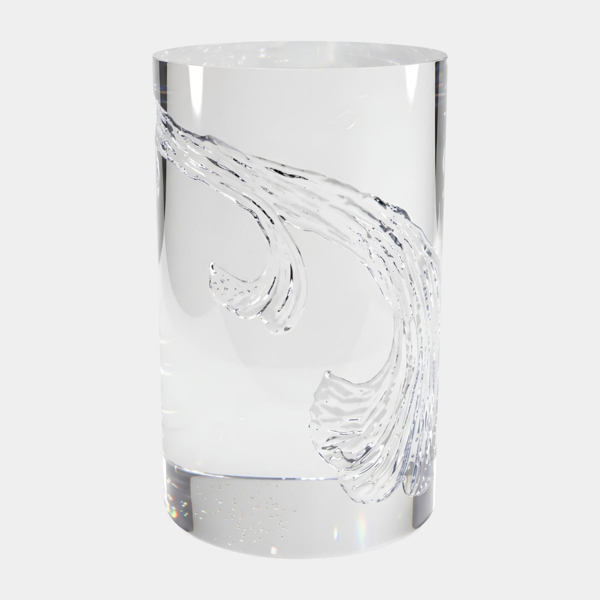 Clear Set Wave Solid Resin Column Table, 48cm, by Giant Sculptures, a cylindrical clear resin side table with a sculpted wave motif, on a plain white background.
