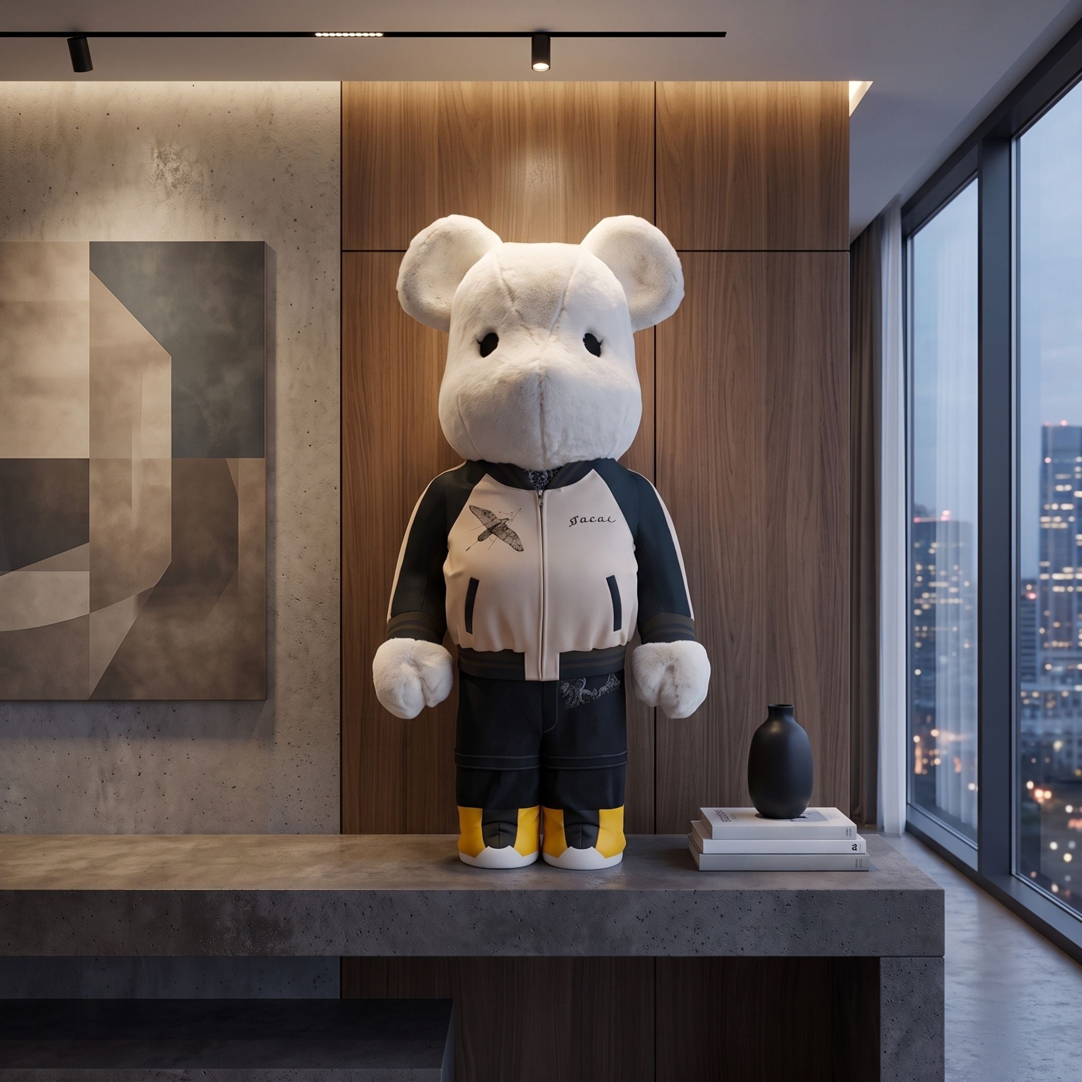 Jacket Clad Plush Bear Sculpture - 70cm by Giant Sculptures, cream and black streetwear jacket with yellow sneakers, displayed on a console table in a modern living room with city views.