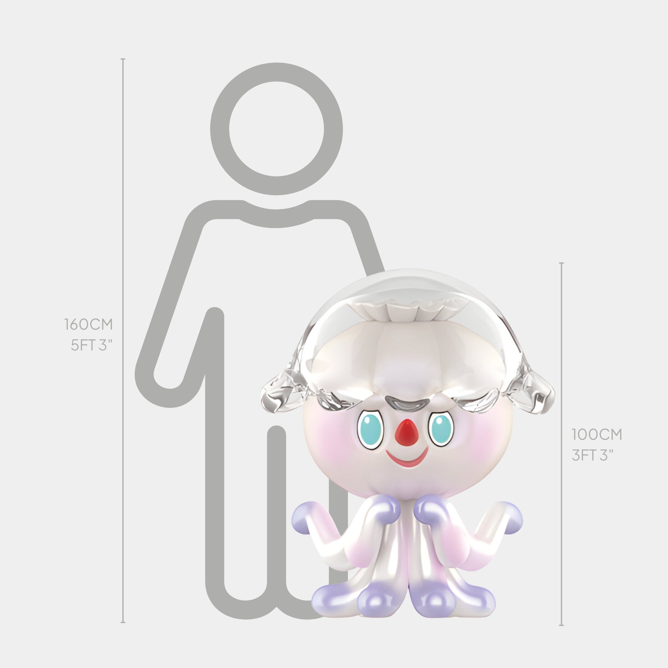 The Animal Jellyfish Labubu Sculpture (100cm) by Giant Sculptures features a shiny, cartoon-like fibreglass jellyfish with a smiling face beside a 160cm human outline, evoking an underwater fantasy.