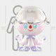 The Animal Jellyfish Labubu Sculpture - 160cm by Giant Sculptures is a pastel, glassy octopus figure with blue eyes and a red nose, displayed beside a human silhouette on a height chart, highlighting its fibreglass build in an aquatic setting.