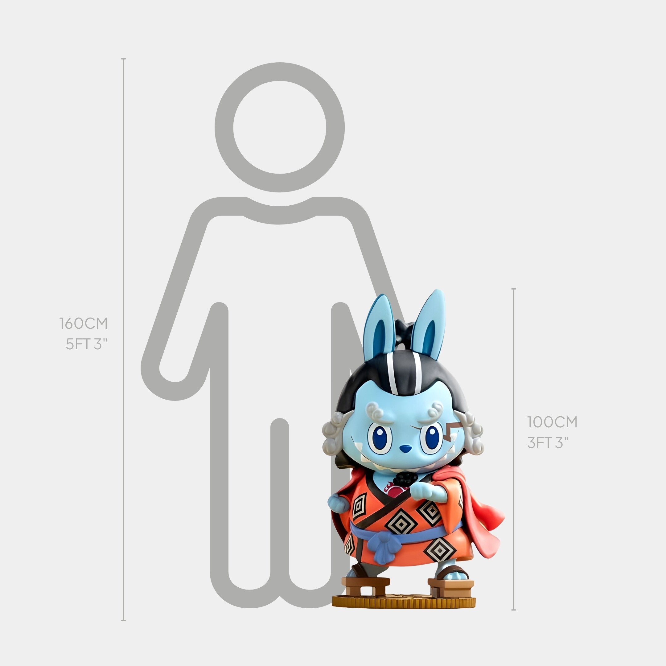 The Grand Line Jinbei Labubu Sculpture - 100cm by Giant Sculptures features a blue figure in a red patterned robe, shown before a 160 cm tall gray outline for scale. The collectible stands about 100 cm (3 ft 3 in) tall.
