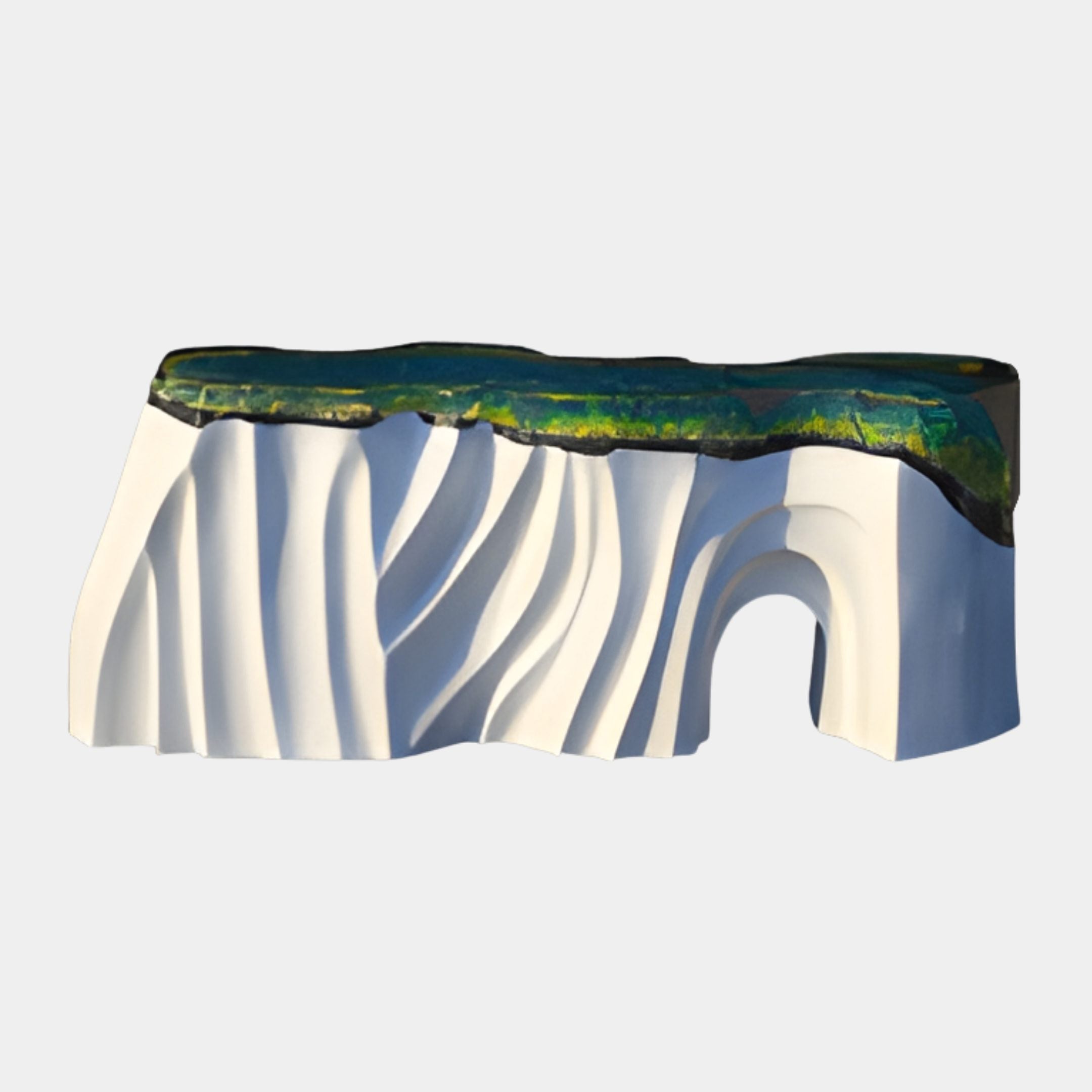 Clear Resin Panoramic Landscape Console Sculpture 170cm by Giant Sculptures with flowing white arched body and green-gold resin coastline top on plain background.