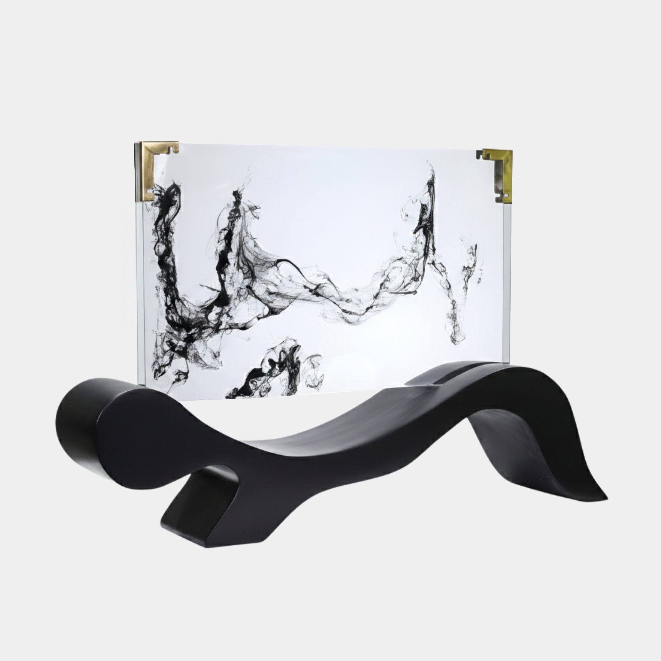 Clear Resin Mountain Landscape in Frame Sculpture by Giant Sculptures, featuring black ink peaks suspended in a transparent panel on a sculpted black wave base.