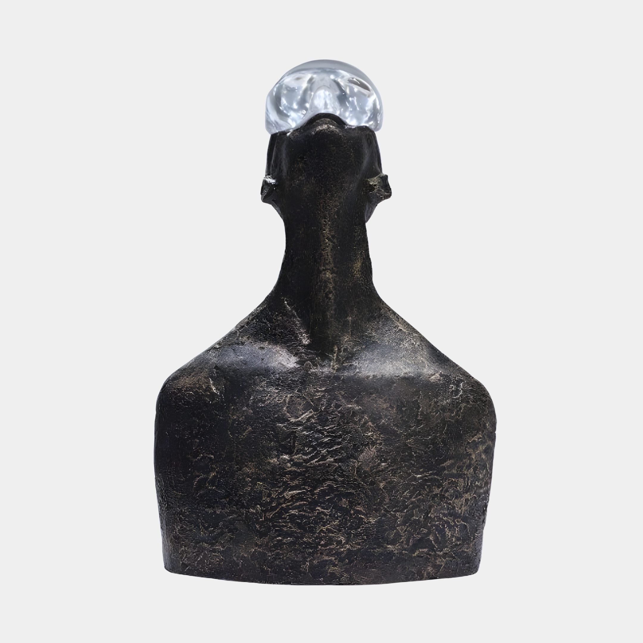Bronze Textured Male Bust Resin Head Sculpture by Giant Sculptures, 52cm, featuring a dark weathered body and clear glass orb head, on a plain background.