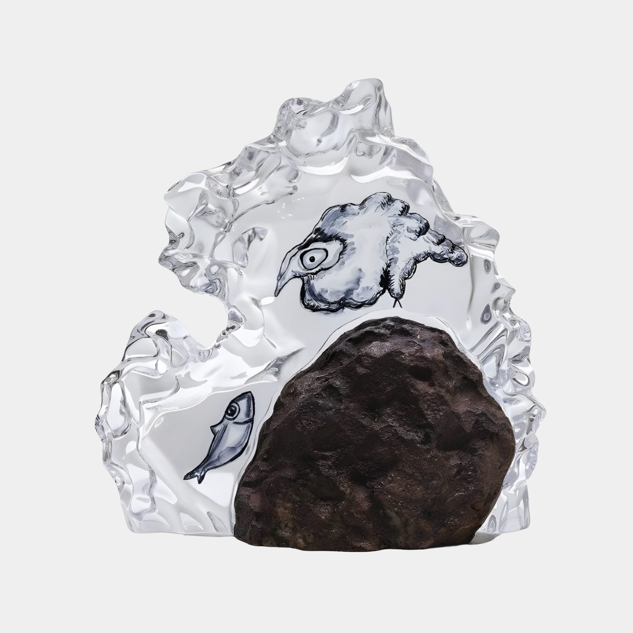 Natural Rock with Illustrated Bird & Fish Clear Resin Sculpture by Giant Sculptures, 39cm, featuring etched bird and fish with embedded dark stone.