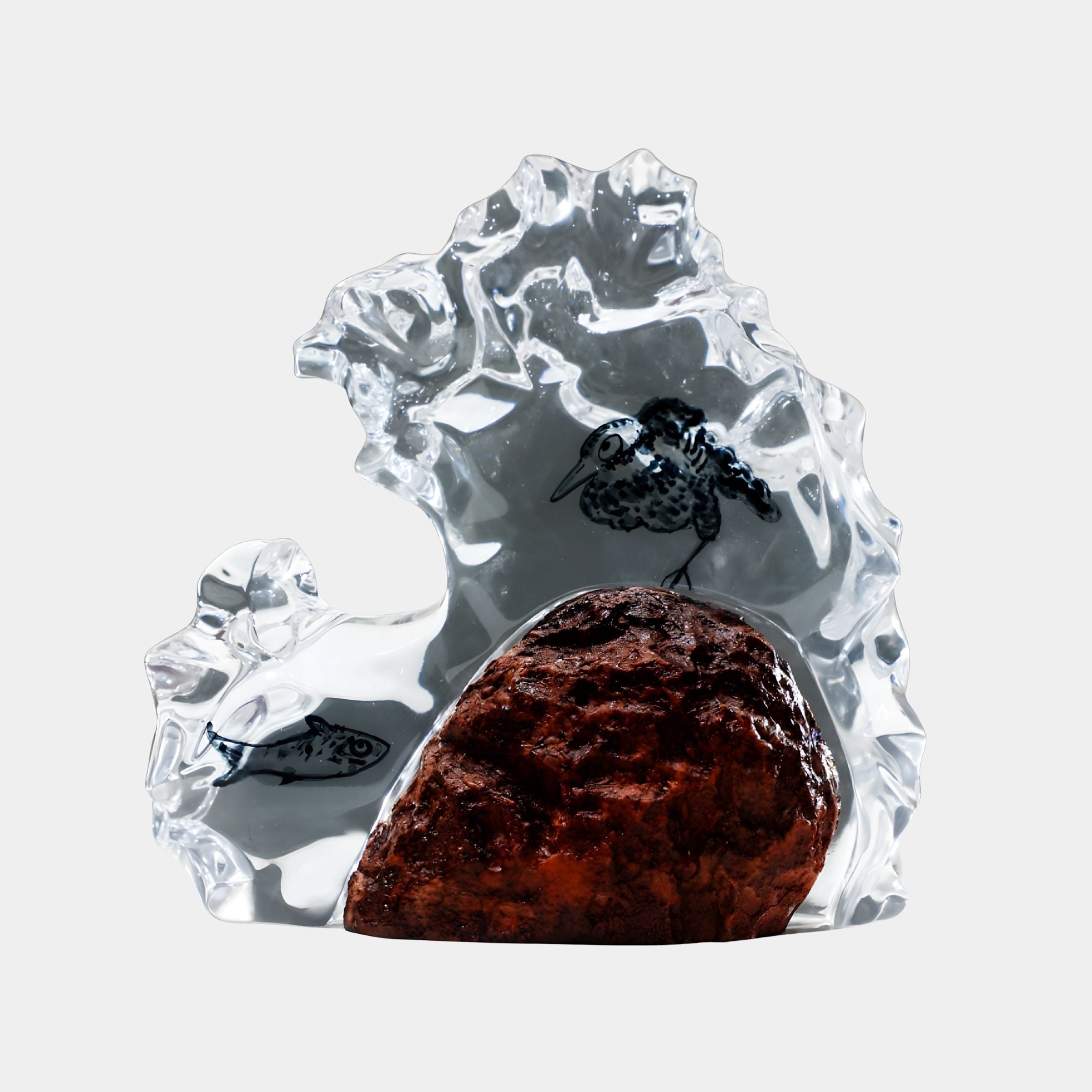 Giant Sculptures' 29cm clear resin sculpture shaped like an ice fragment, etched with a bird and fish illustration and set with a deep red rock.