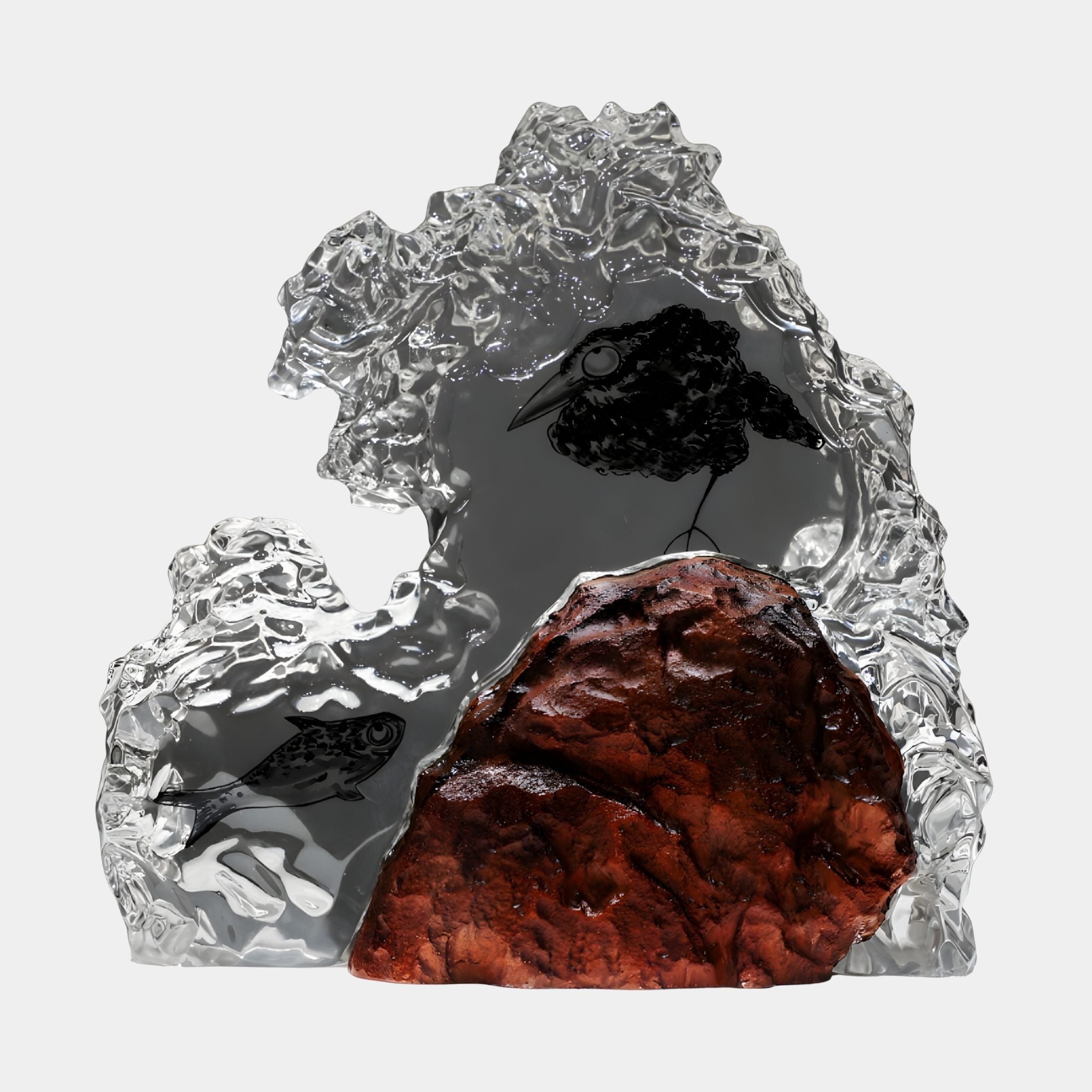 Red Rock with Illustrated Bird & Fish Clear Resin Sculpture by Giant Sculptures, featuring an engraved bird and fish in an ice-like form on a plain background.