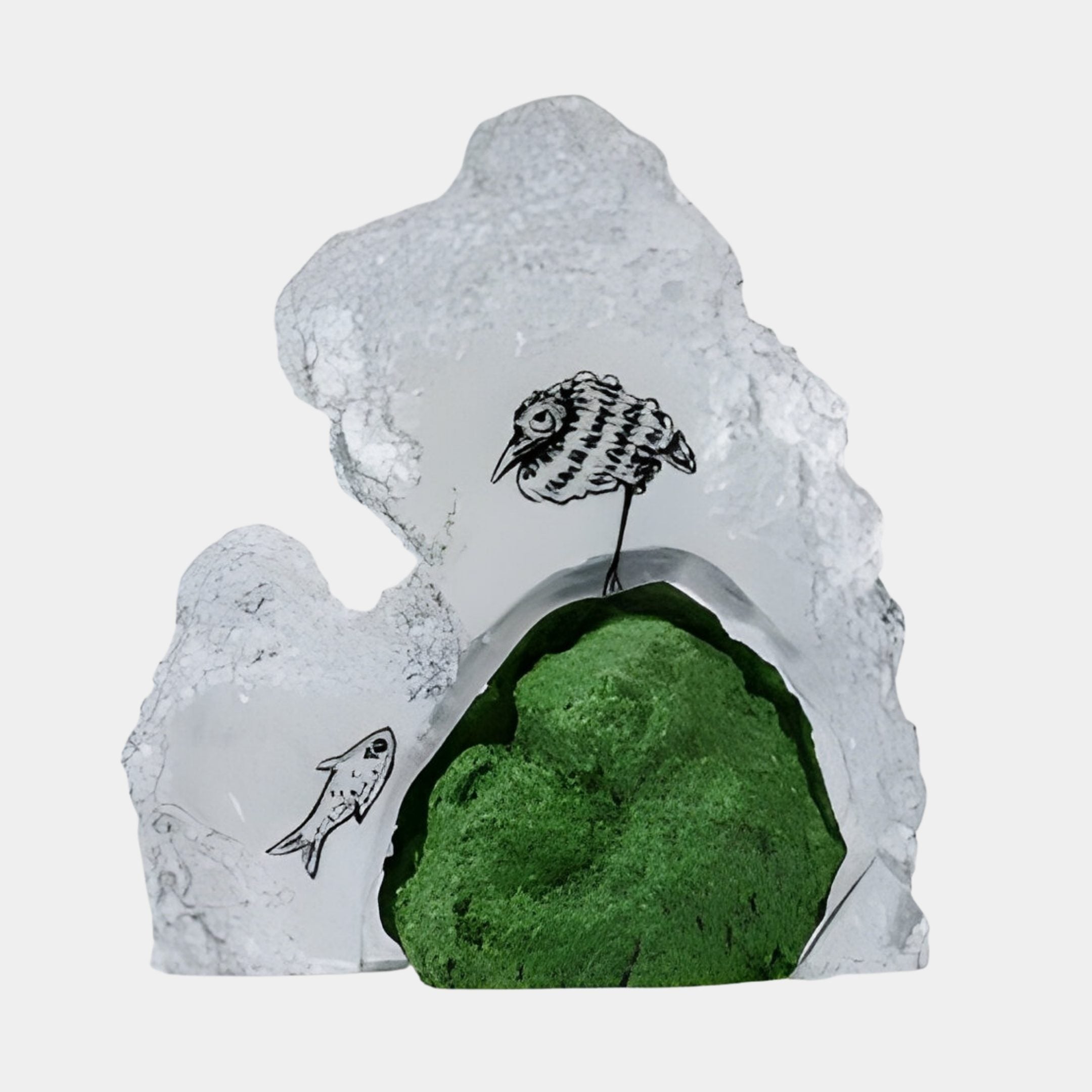 Green Rock with Illustrated Bird & Fish Clear Resin Sculpture by Giant Sculptures, frosted ice-like form with etched bird and fish, mossy green base.