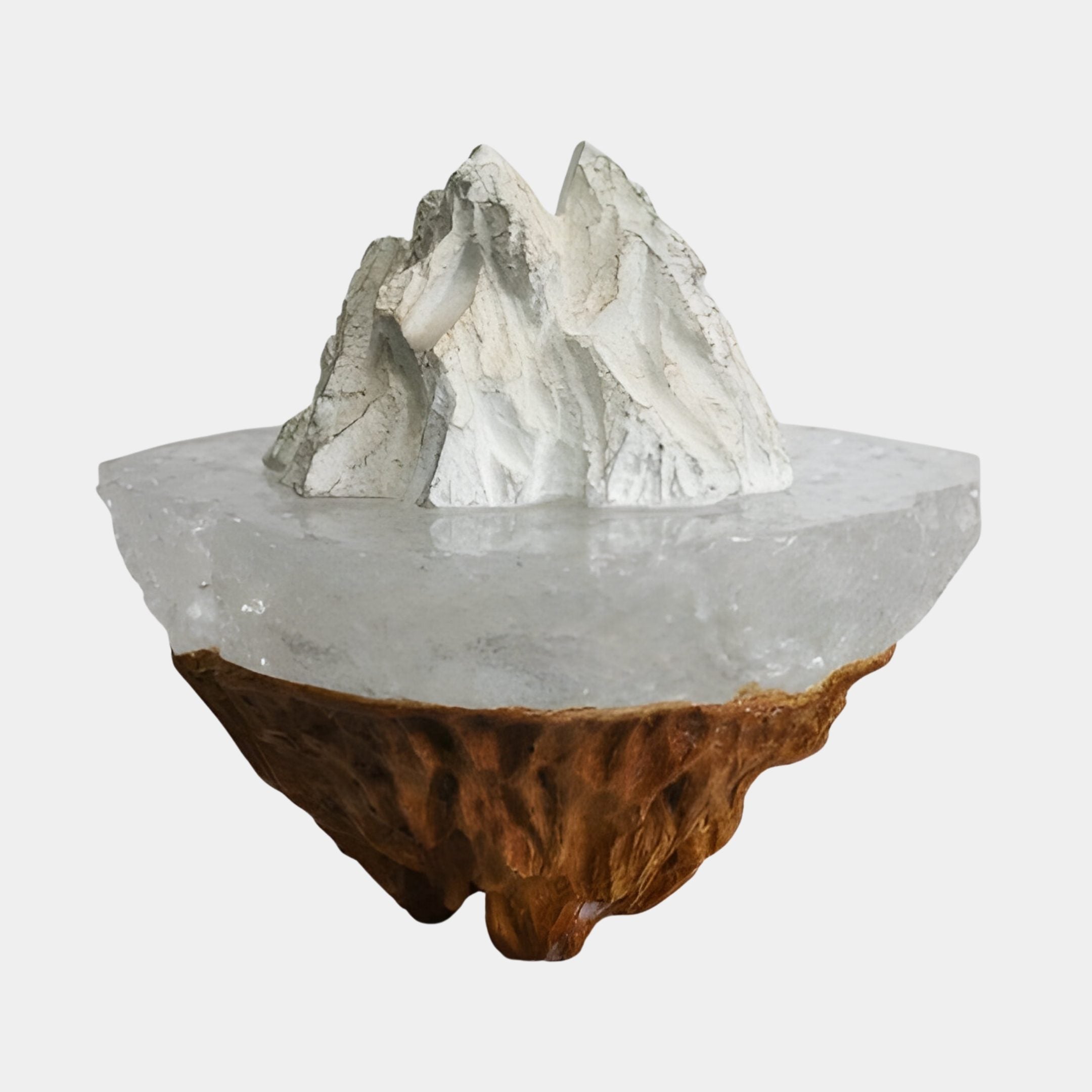 Iceberg Resin & Earth Bronze Floating Peak Bowl Sculpture by Giant Sculptures, 35cm, with white snowy summit, clear glacial midsection, and bronze rocky base.