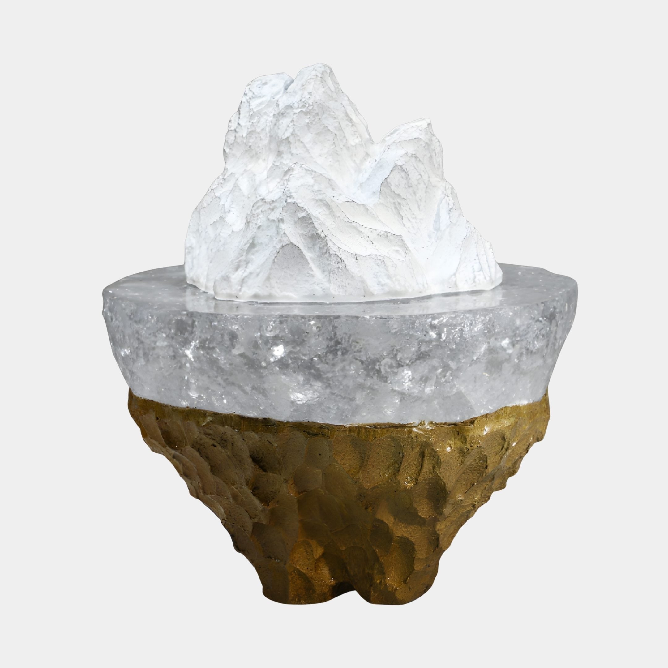 Clear Resin Mountain on Gold Textured Bowl Sculpture 50cm by Giant Sculptures, featuring a frosted white peak on a crystal layer above a gilded carved base.