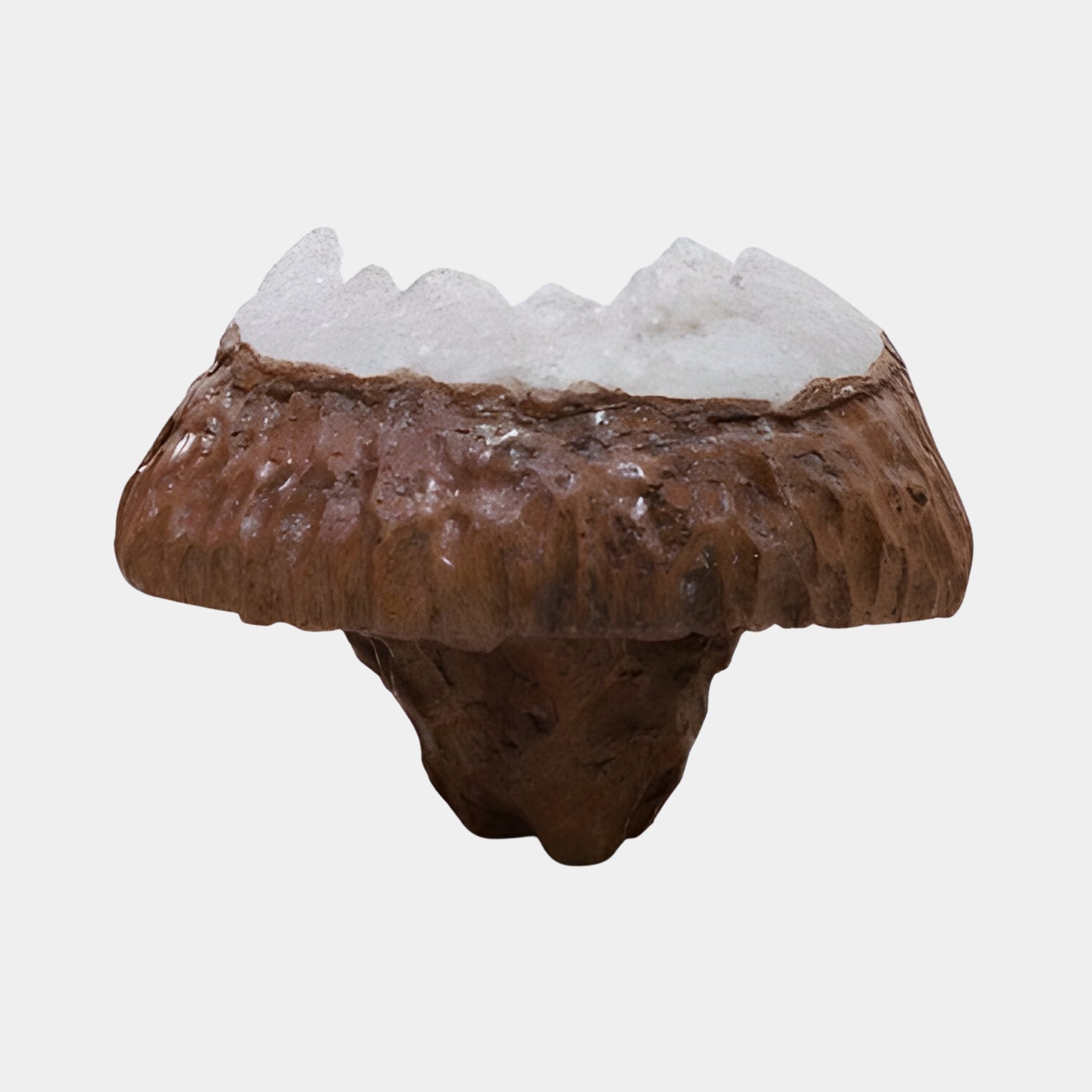White Crystal Resin Mountain on Organic Crater 40cm by Giant Sculptures, frosted peaks rising from a rugged brown textured base, shown on a plain background.