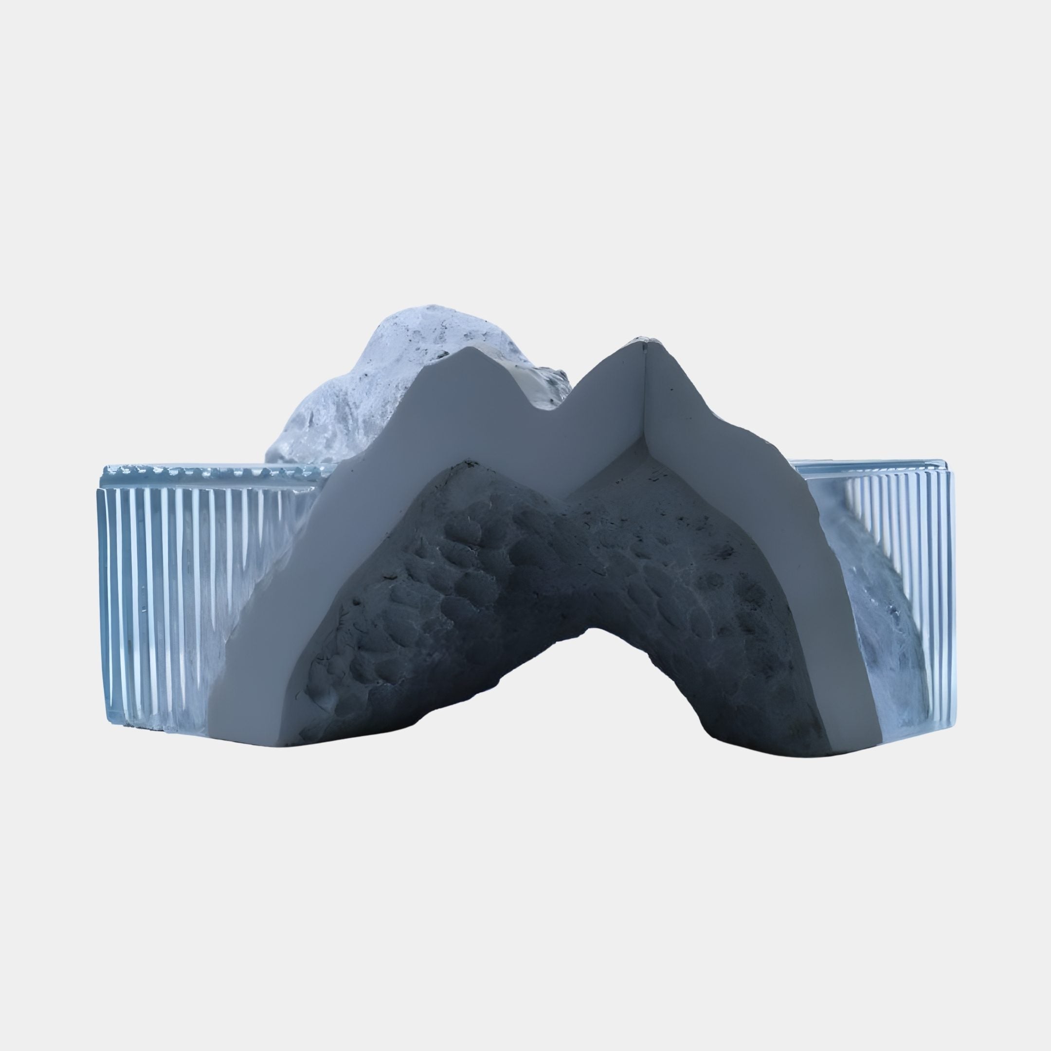 Slate Grey Abstract Mountain Arch Sculpture by Giant Sculptures, a 50cm fibreglass and clear ribbed resin piece with a carved hollow arch, on a plain background.