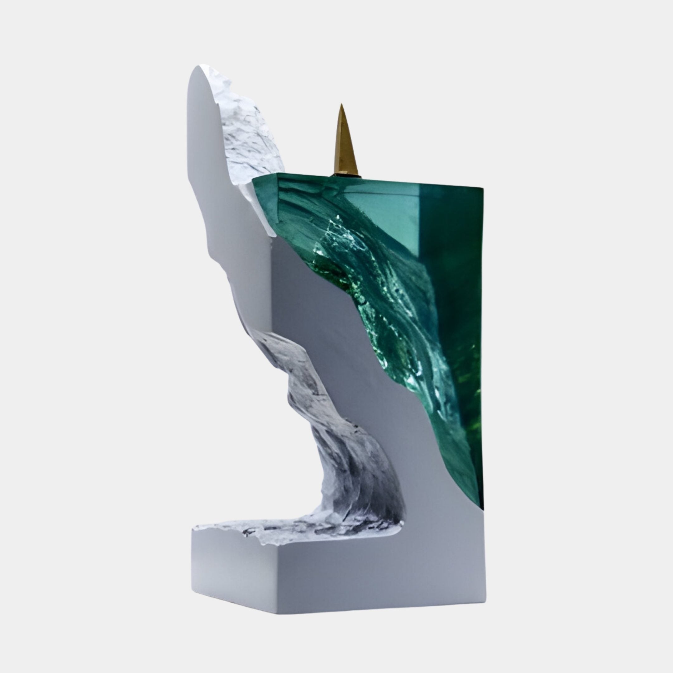 Teal Glacial Wave White Cliff Silhouette Resin Sculpture by Giant Sculptures, 67cm, side view showing the green resin wave curling against pale stone on a light background.