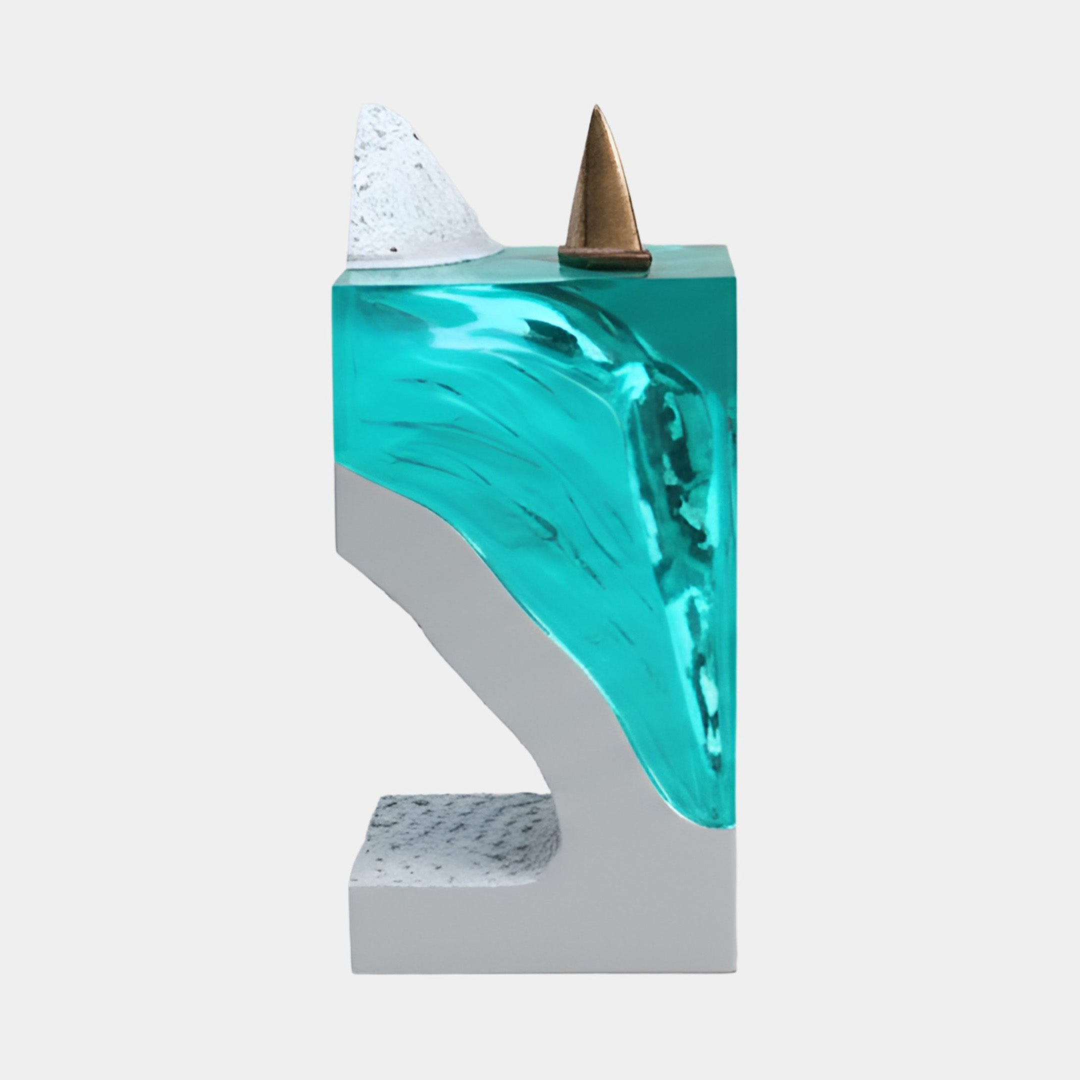 Teal Glacial Peak Resin Sculpture by Giant Sculptures, 45cm, with a luminous sea-toned resin body, white rocky summit, and gold peak on a grey base.