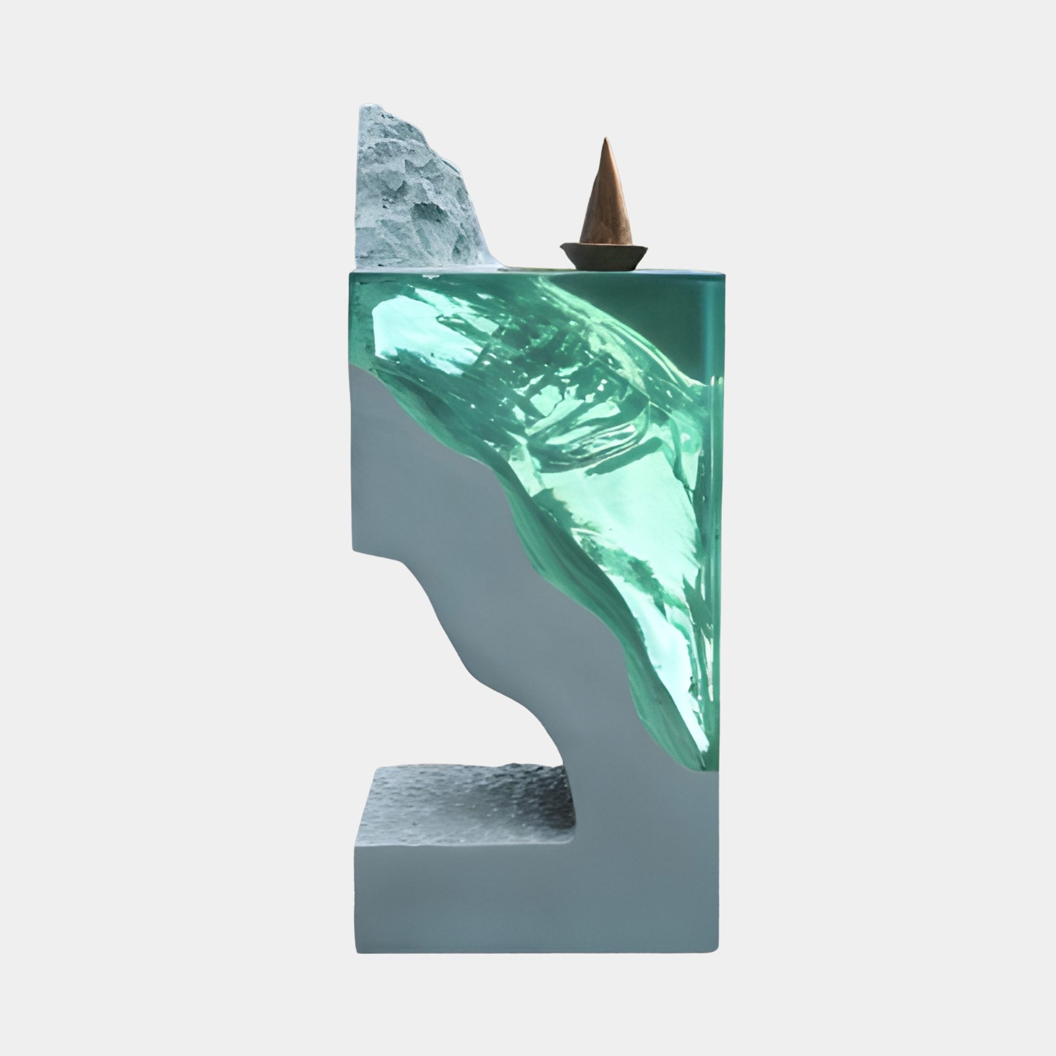Giant Sculptures Emerald Tidal Wave White Iceberg Resin Sculpture 170cm, side view of a green resin wave topped with a white peak and small boat, on a plain background.