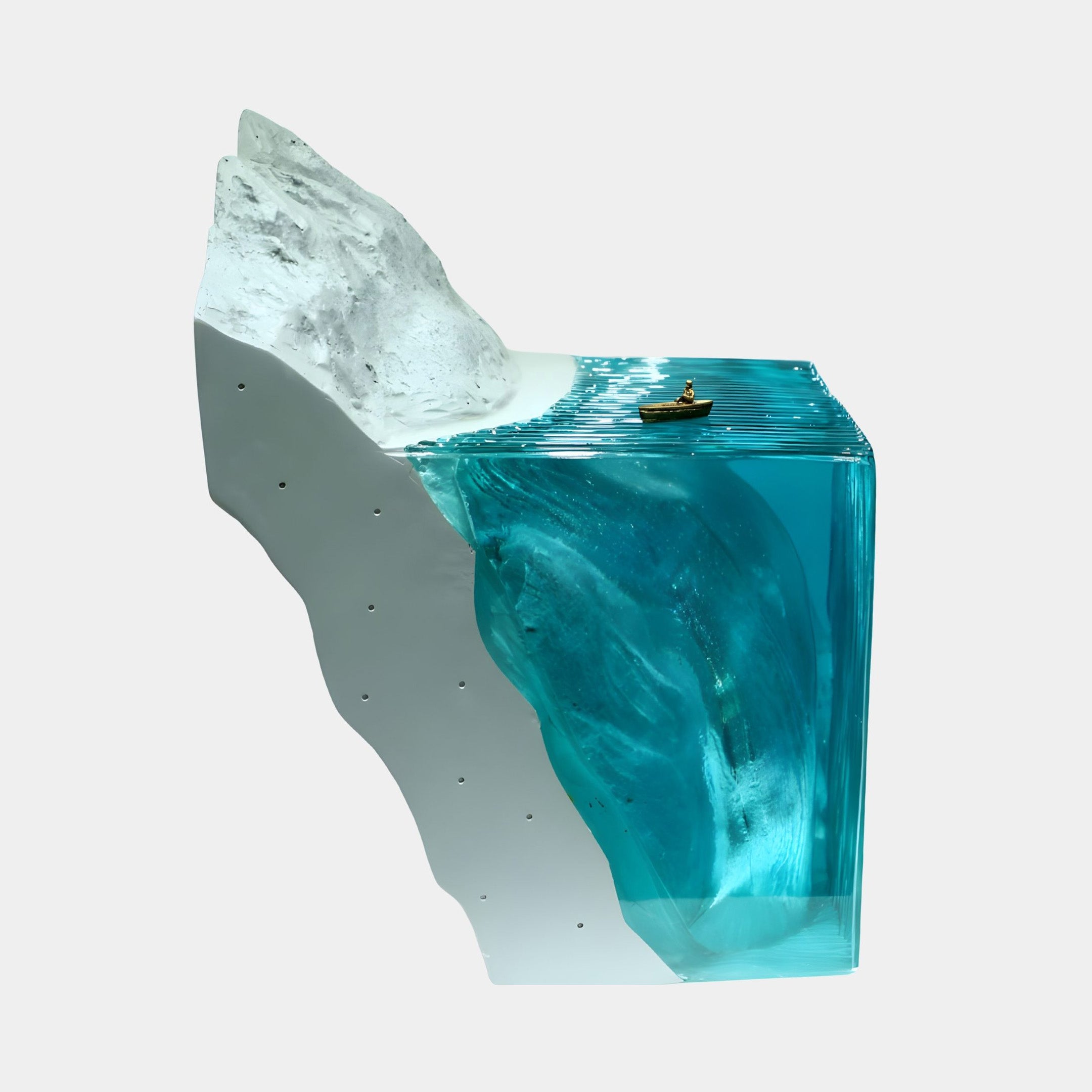 Giant Sculptures Azure Layered Alpine Coastline Resin & Gold Skiff Sculpture 64cm with white snowy peak above turquoise resin sea and tiny gold boat on top.
