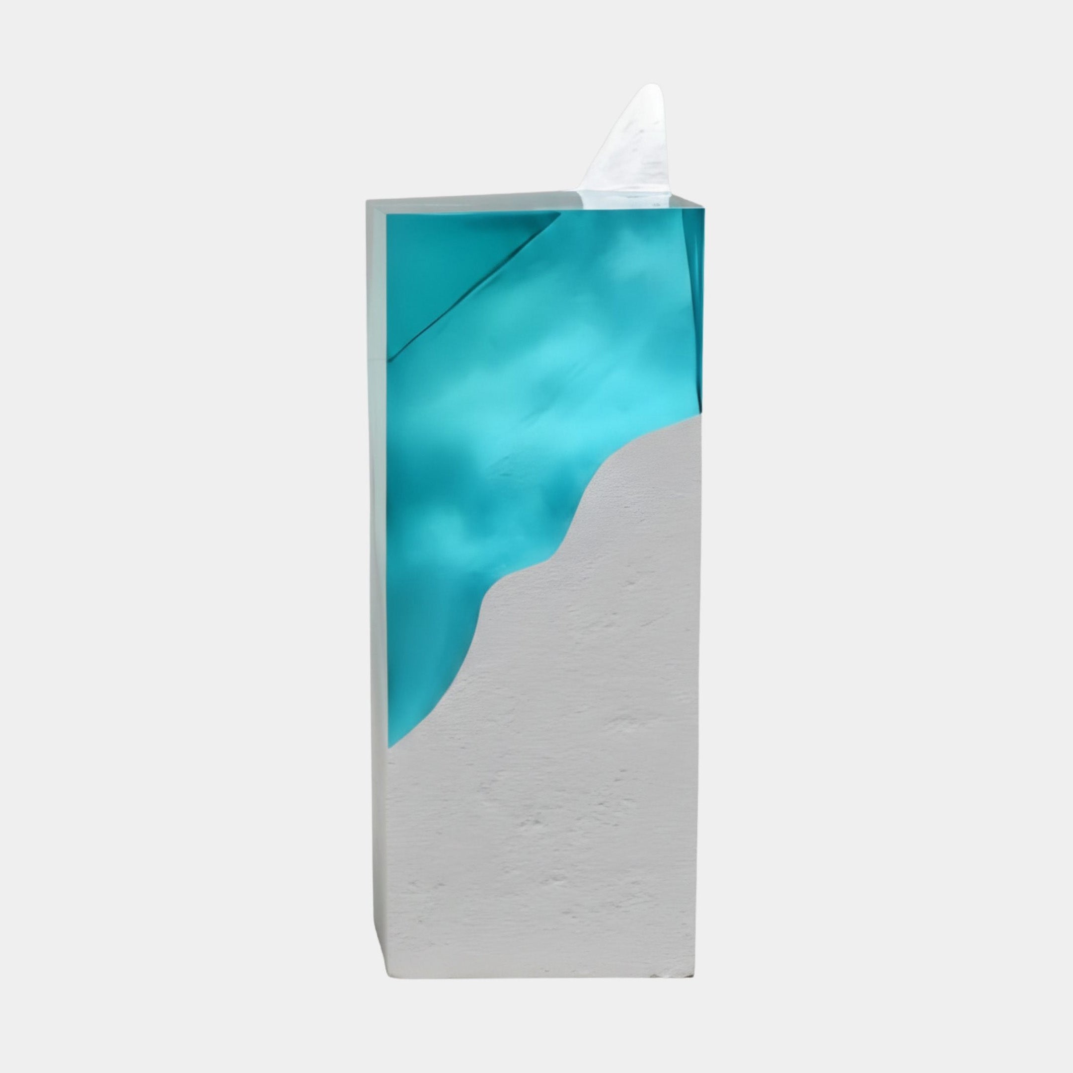 Giant Sculptures' 102cm Teal Resin Wave on White Column Sculpture, a tall fibreglass pillar topped with a glowing teal resin wave, shown on a plain background.