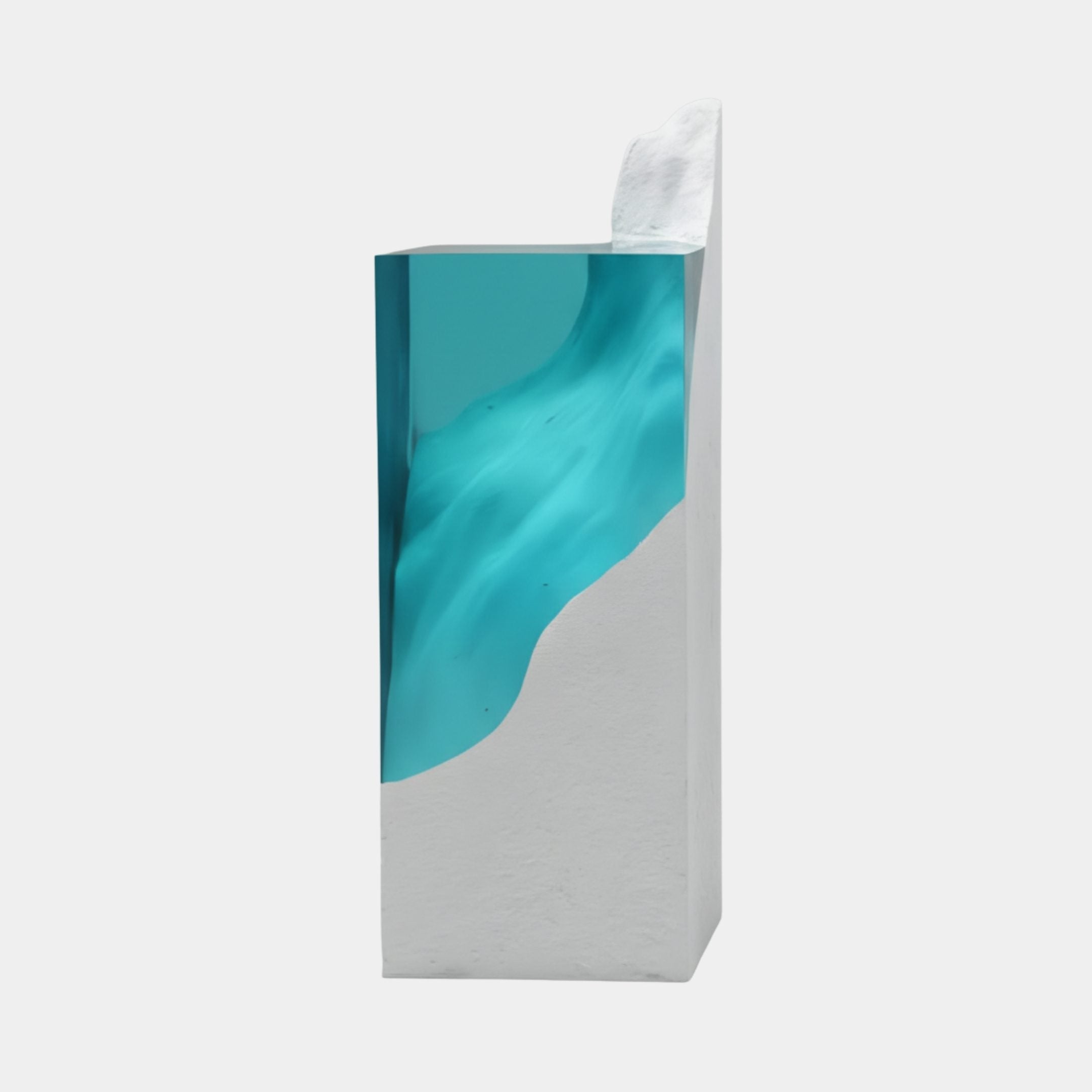 Giant Sculptures Teal Resin Ocean Landscape Column Sculpture 115cm, a tall white fibreglass pillar with a flowing teal resin wave rising to a crest at the top.
