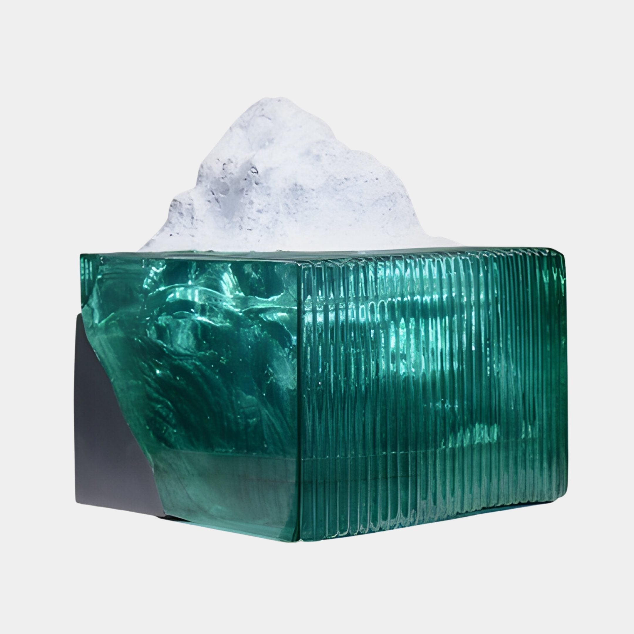 Giant Sculptures Emerald Fluted Resin Iceberg White Peak Sculpture 40cm, showing a vertical-ribbed green resin block topped with a rugged white peak on a plain background.