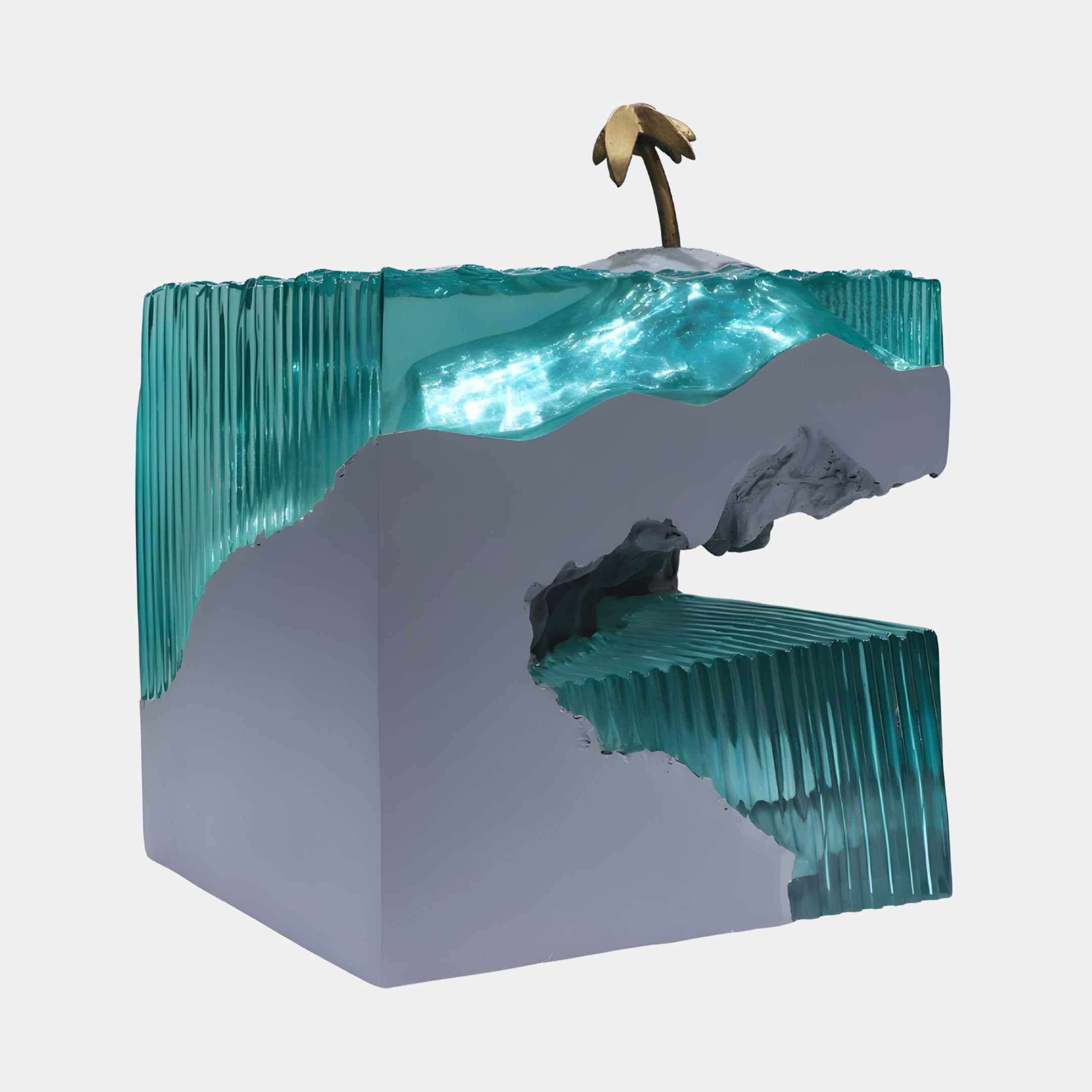 Giant Sculptures Teal Resin Tropical Grotto Gold Palm Sculpture, 44cm cube with turquoise sea, sculpted grey stone, and gold palm tree on a plain background.