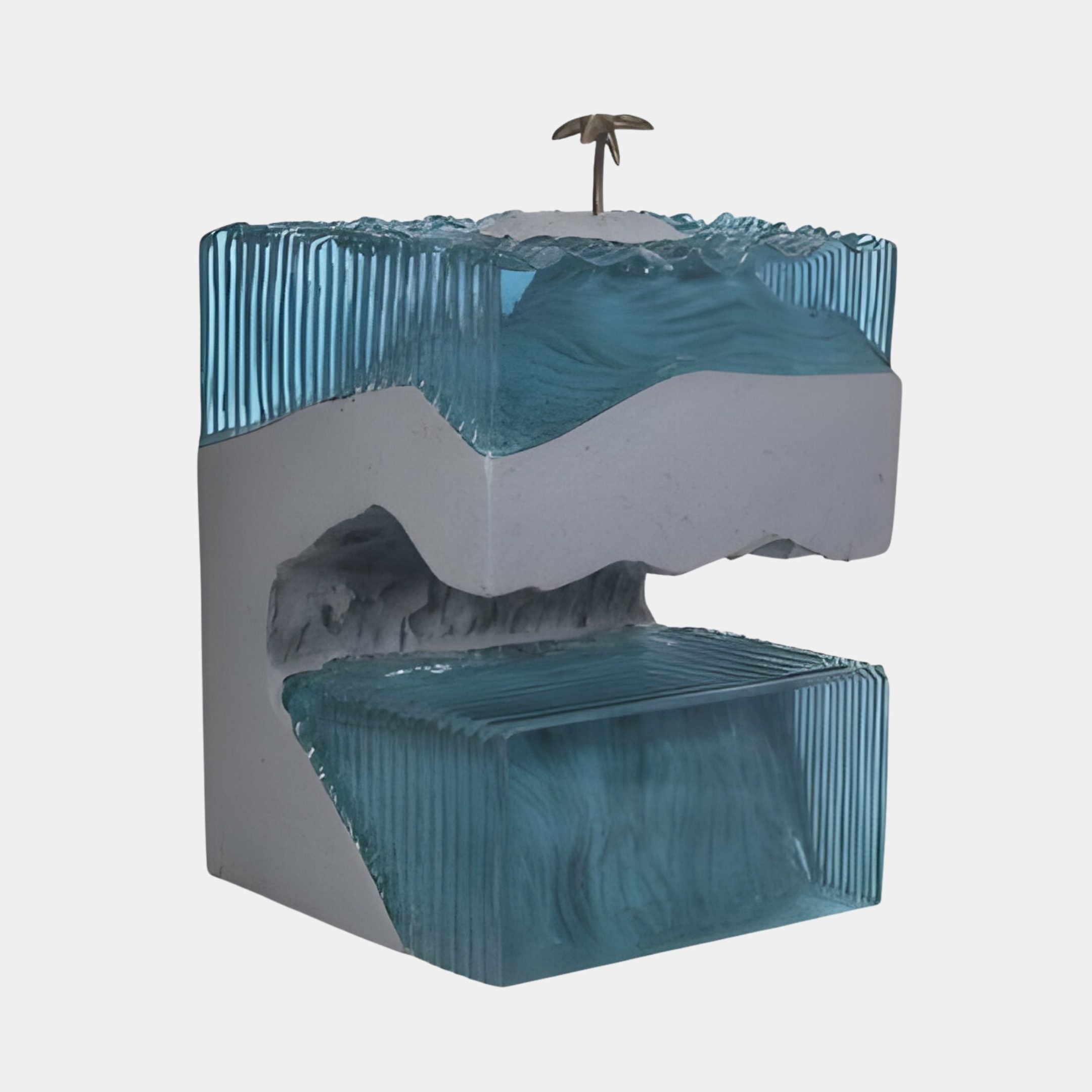 Aqua Fluted Resin Tropical Grotto Gold Palm Sculpture by Giant Sculptures, featuring turquoise fluted resin layers around carved grey stone with a gold palm on top.