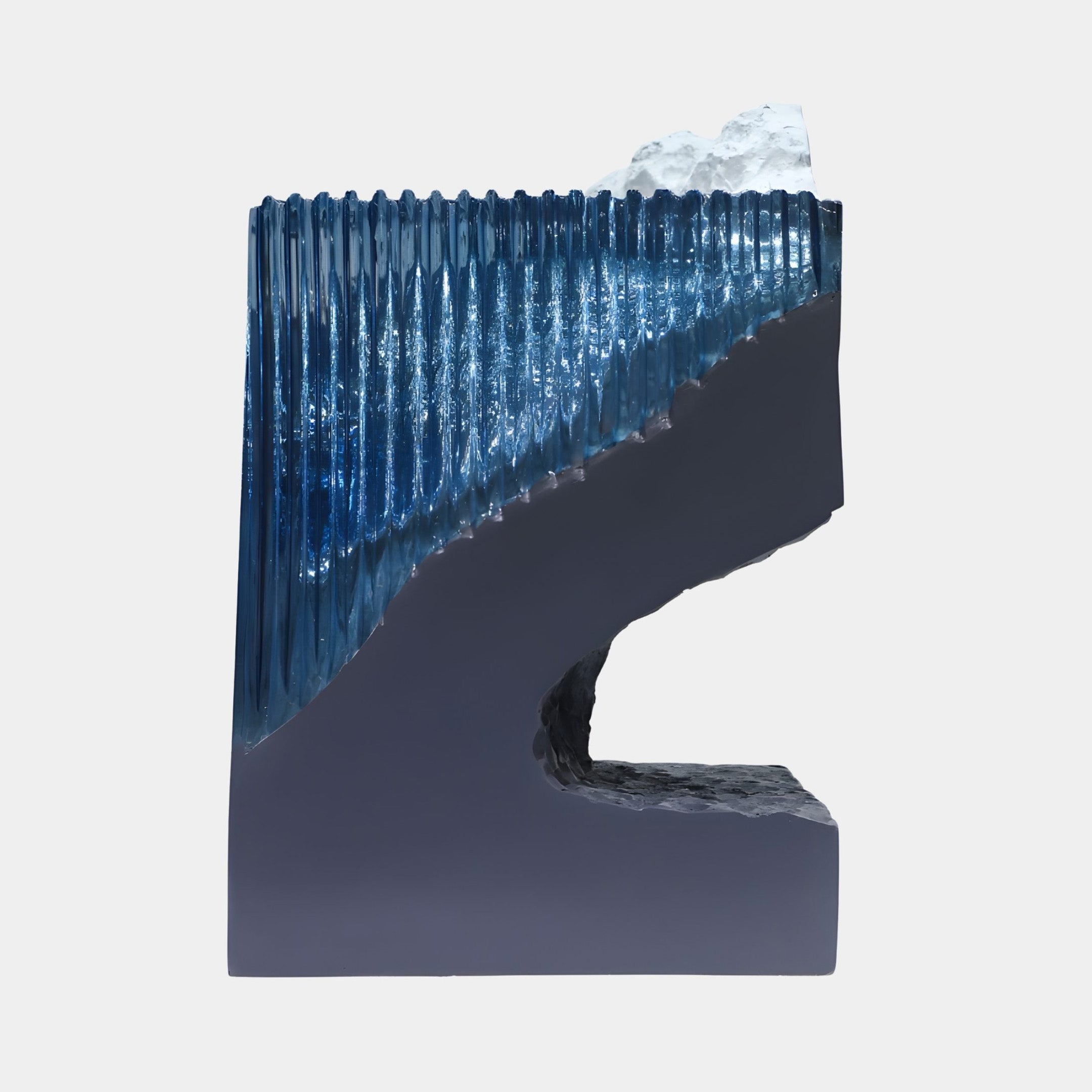 Slate Grey Arched Cavern Textured Resin Sculpture by Giant Sculptures, featuring a ridged blue glass-like crest and white rocky peak above a smooth grey arched base.