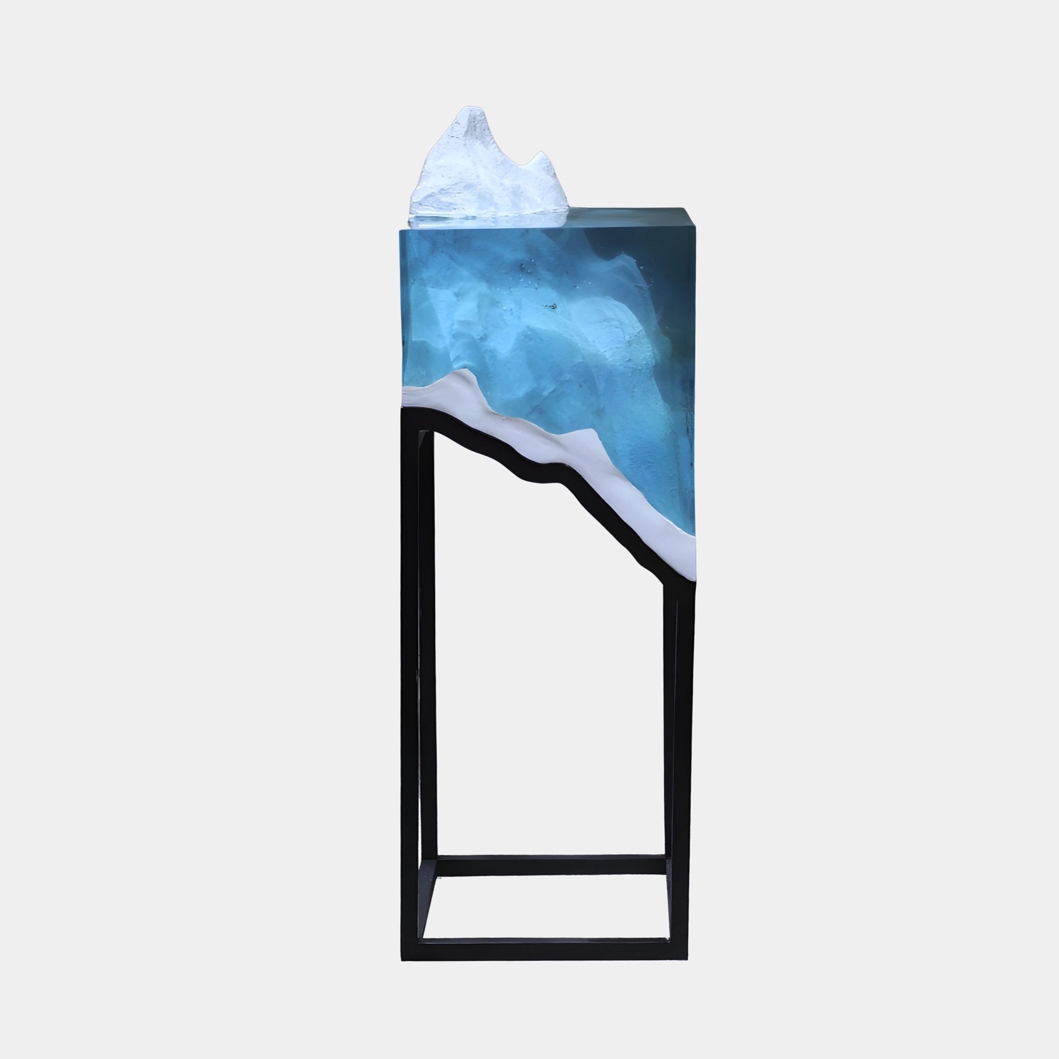 Blue Resin Iceberg on Black Metal Stand 120cm by Giant Sculptures, featuring a turquoise glacial body and white peak on a slim black frame against a white background.