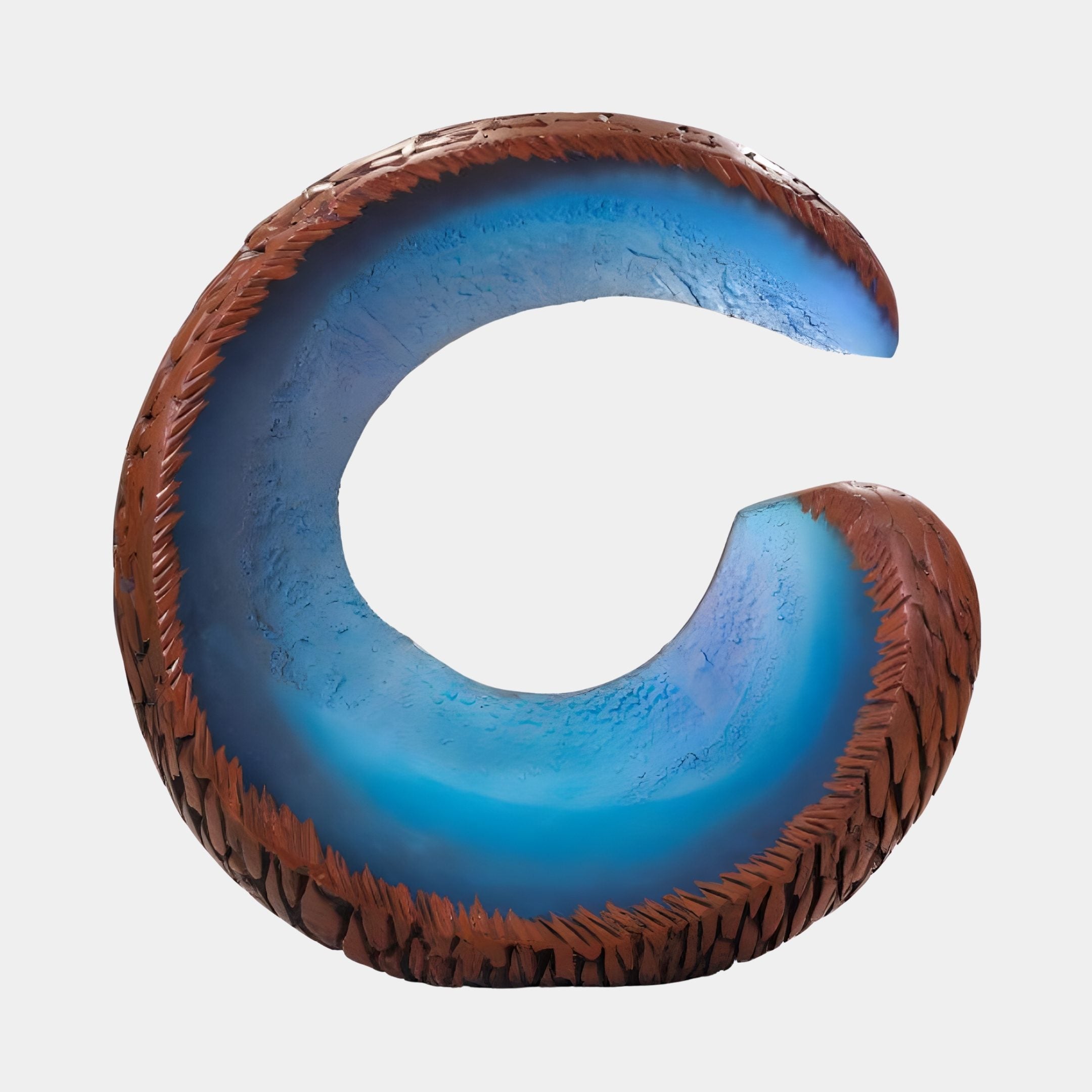 Giant Sculptures Brown & Blue Resin Crescent Moon Sculpture, 50cm, with textured bark-like brown exterior framing a glowing blue gradient core, on a plain background.