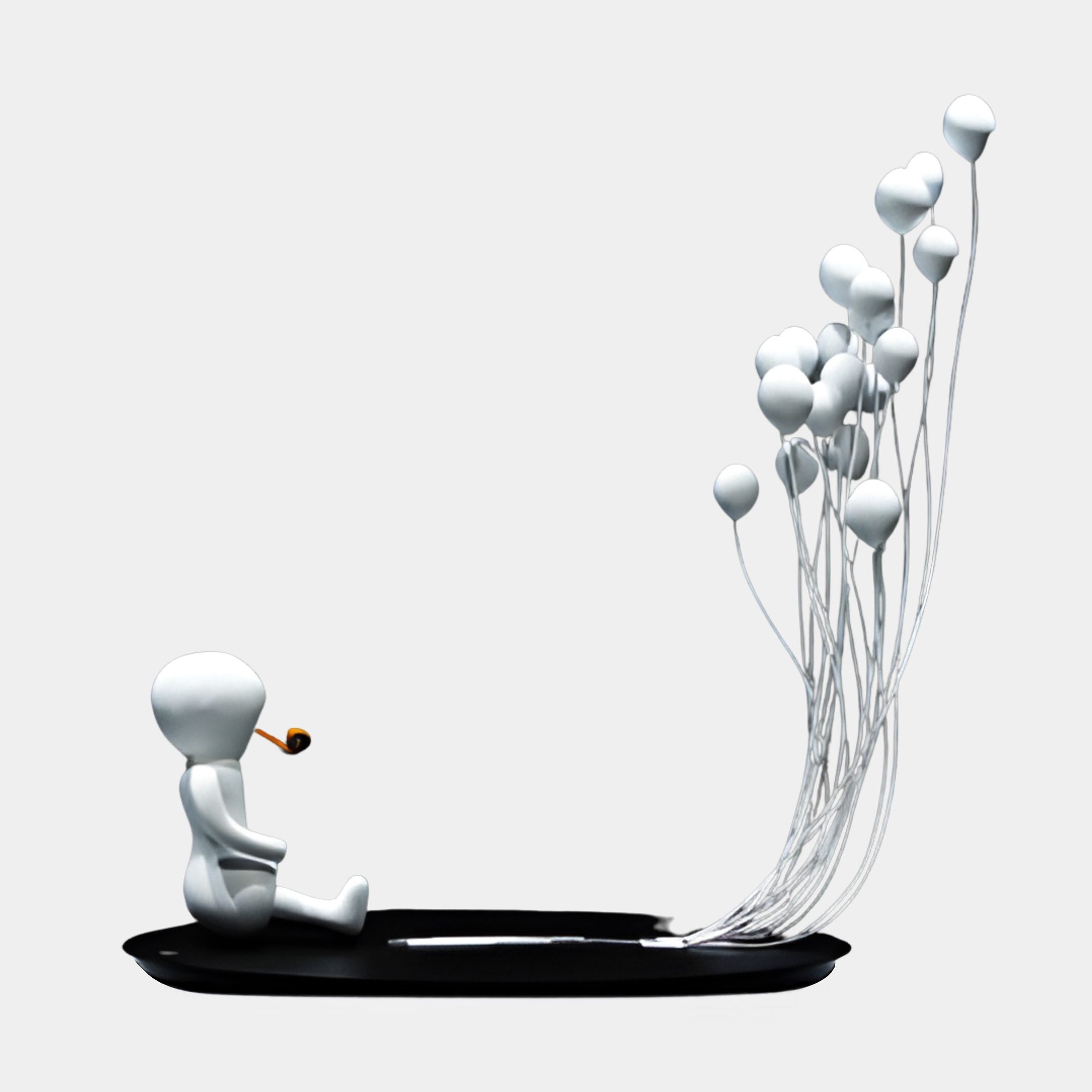 White seated figure with a pipe holding strands of floating white balloons on a glossy black base, Giant Sculptures 120cm abstract sculpture.