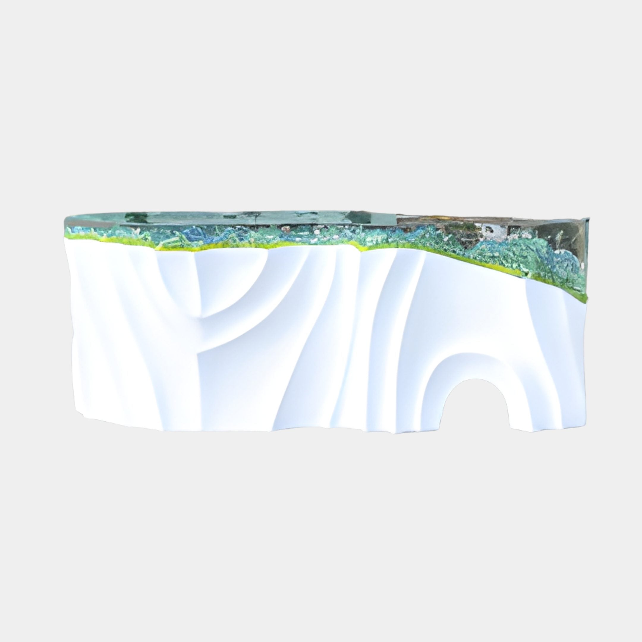 White Arched Mountain Vista Resin Console 200cm by Giant Sculptures, front view showing draped sculpted curves topped with a teal-green resin crest, on a plain background.