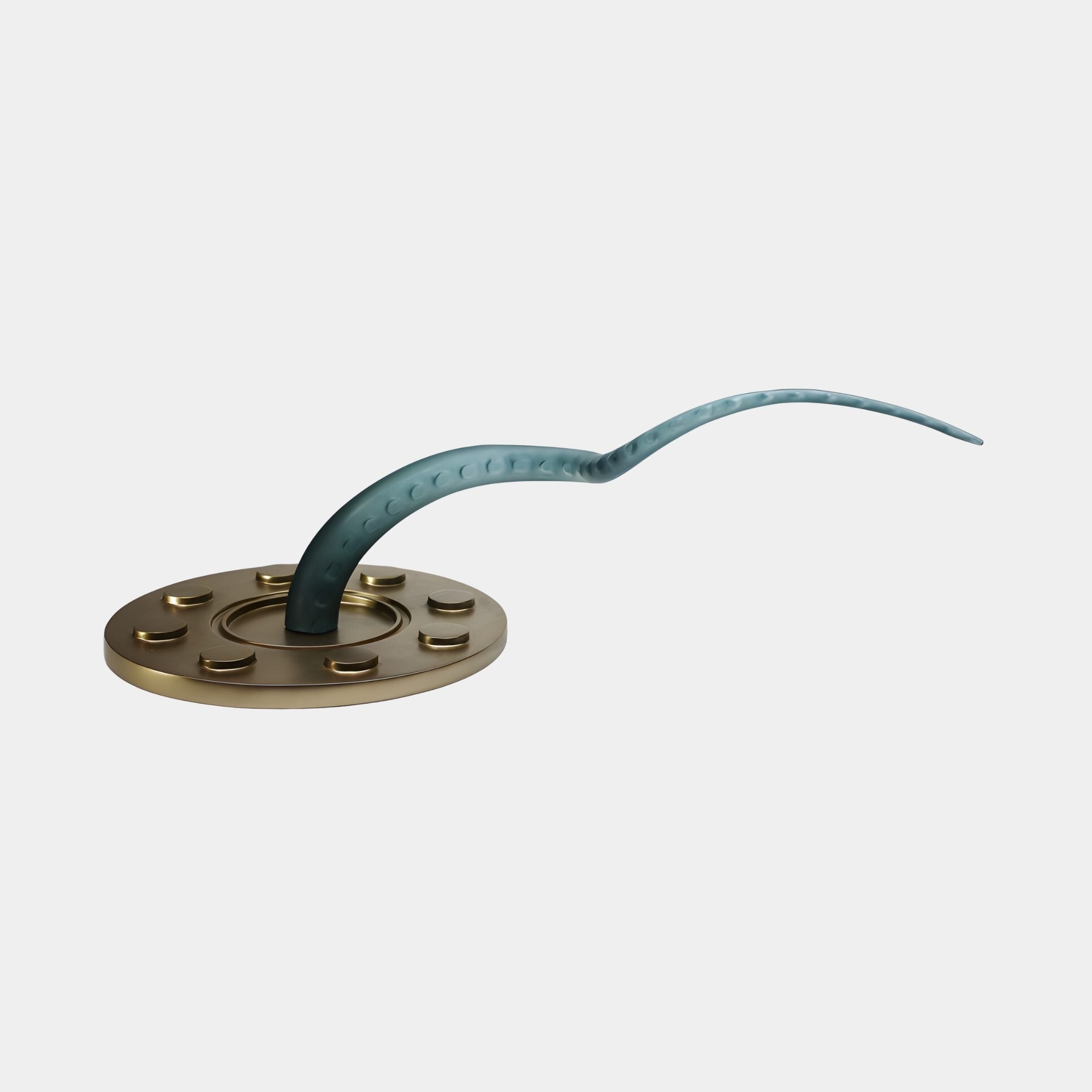 Teal-grey resin tentacle curling upward from a polished bronze flange base, shown from the side against a plain light background — Giant Sculptures, 140cm.