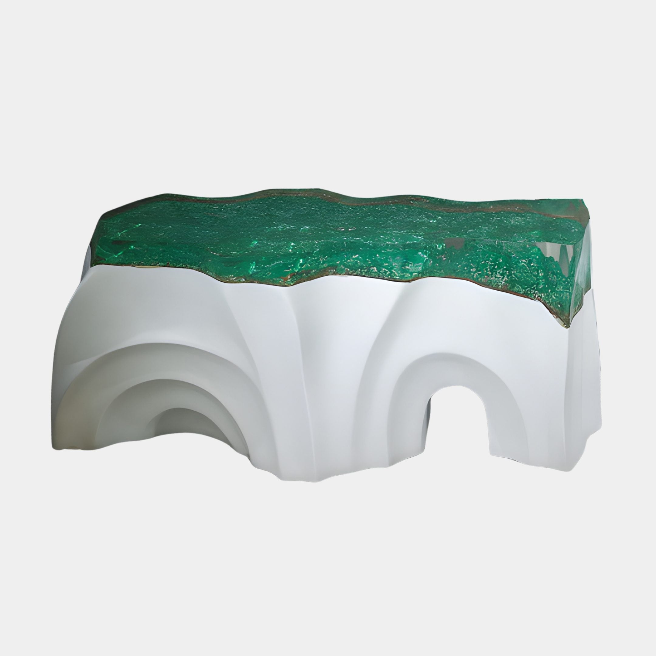 Green & White Rippled Glacial Resin Console by Giant Sculptures, featuring a flowing white fibreglass base with arched ripples beneath a deep green resin top.