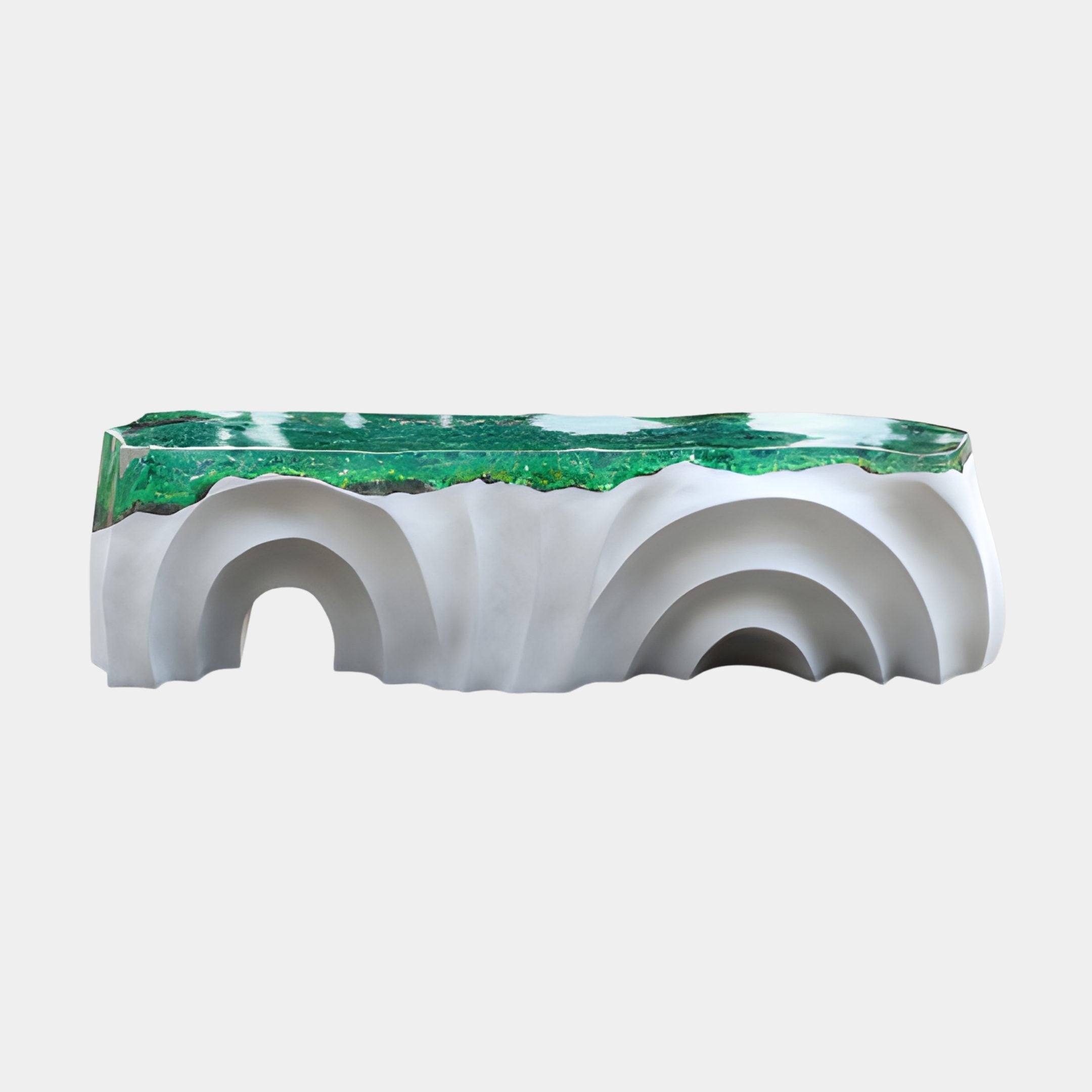 Giant Sculptures Green Moss-Top Arched White Resin Console, 178cm, with a flowing white fibreglass body of sculpted arches beneath a mossy green resin top.