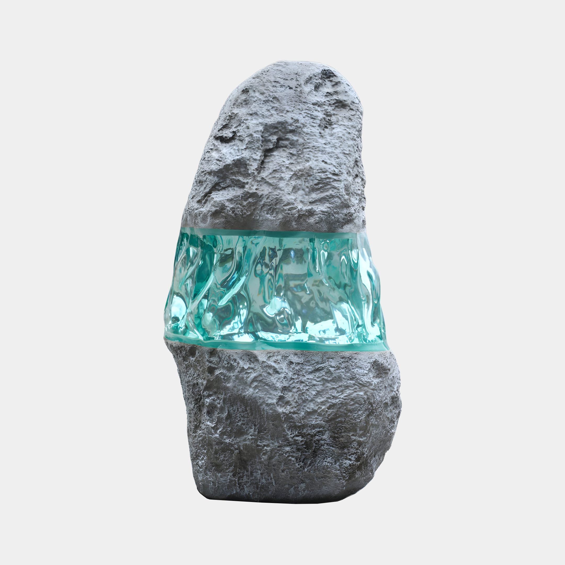 Giant Sculptures Teal Resin Boulder on Natural Stone Sculpture 185cm, a tall grey rock wrapped by a glowing translucent teal resin band, on a plain background.