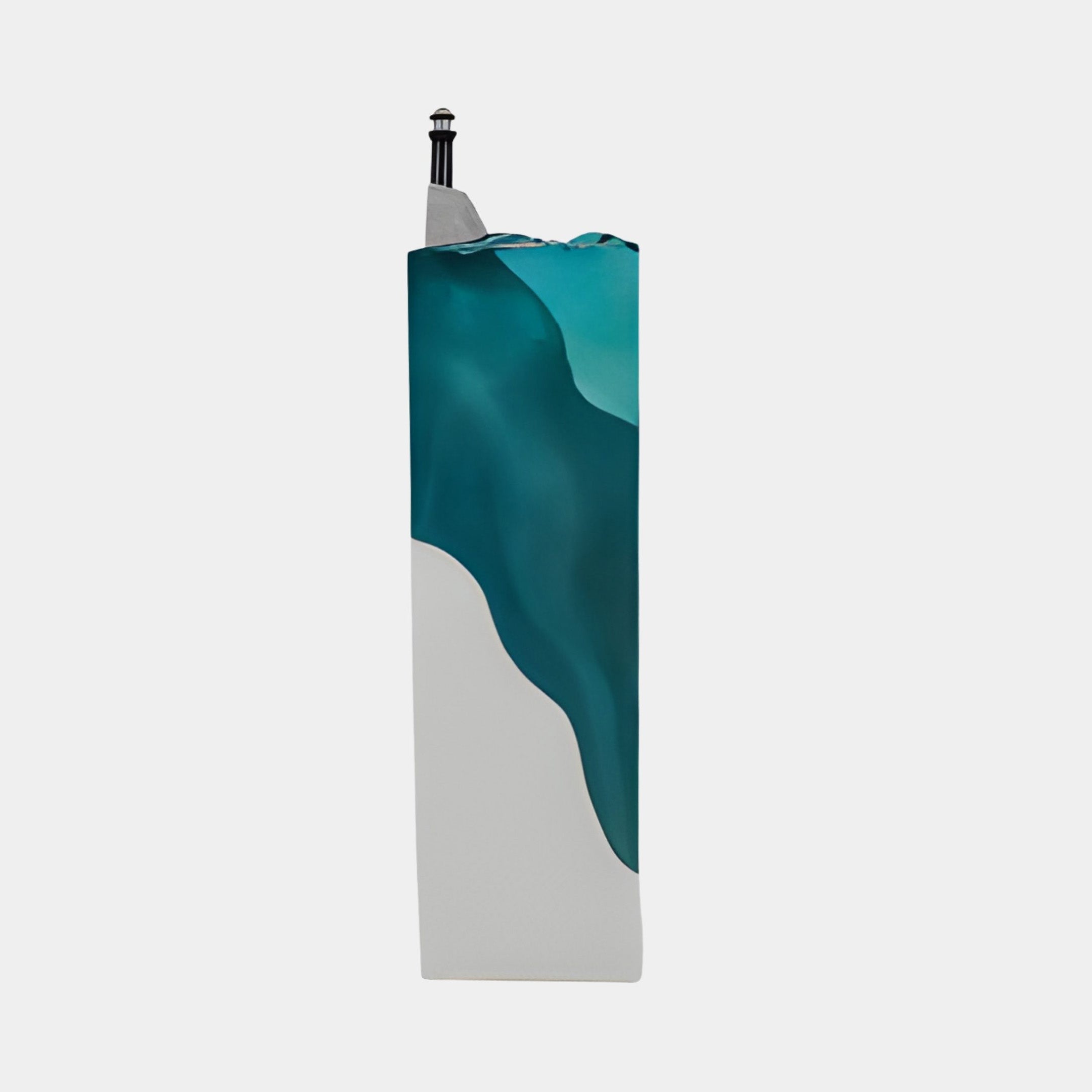 Teal Resin Wave Column on Pedestal 120cm by Giant Sculptures, showing a translucent teal wave cascading down a grey fibreglass column against a plain background.