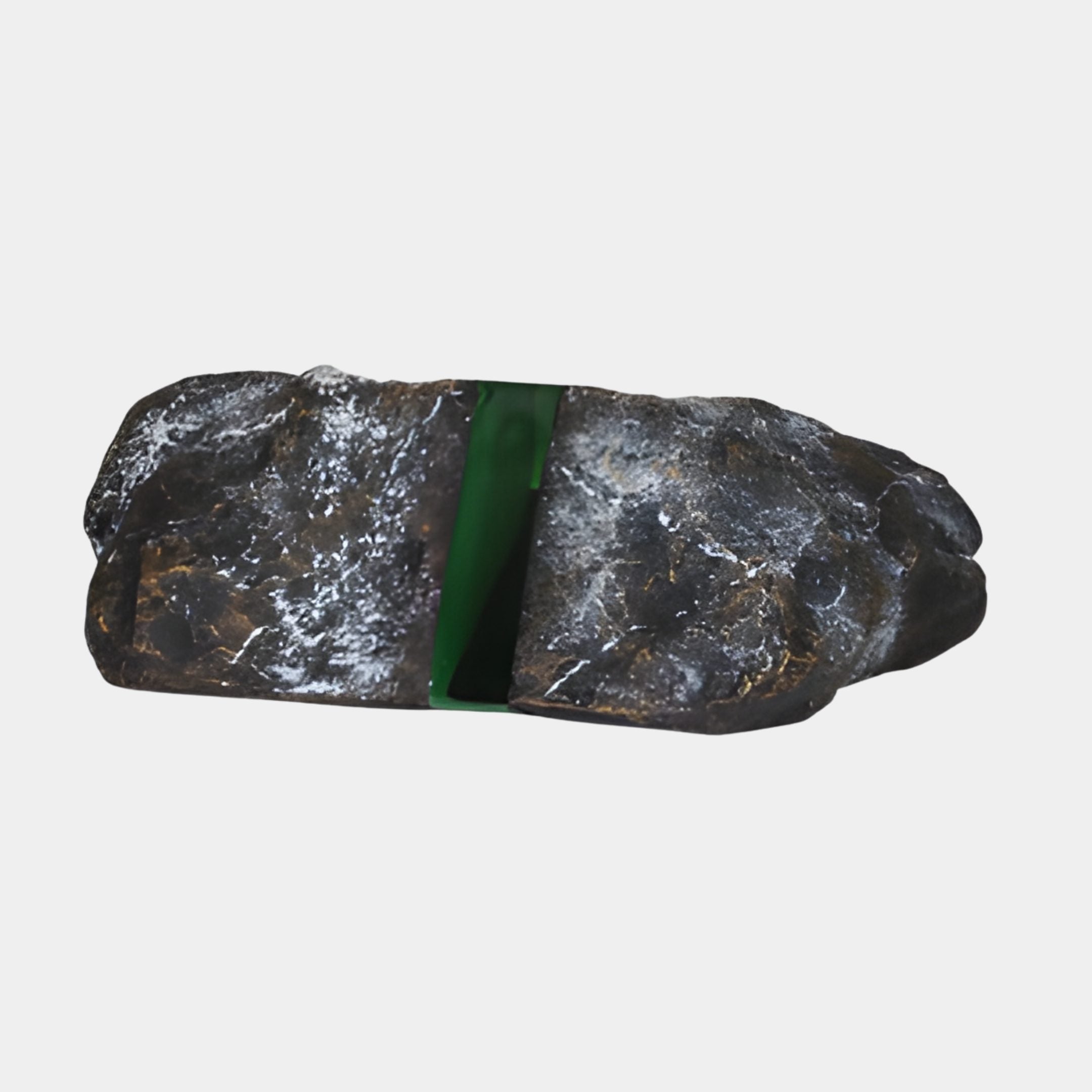 Giant Sculptures Emerald Green Translucent Resin Deep Cleft Rock Sculpture, 53cm, top-down view of dark textured stone split by a glossy green resin seam.