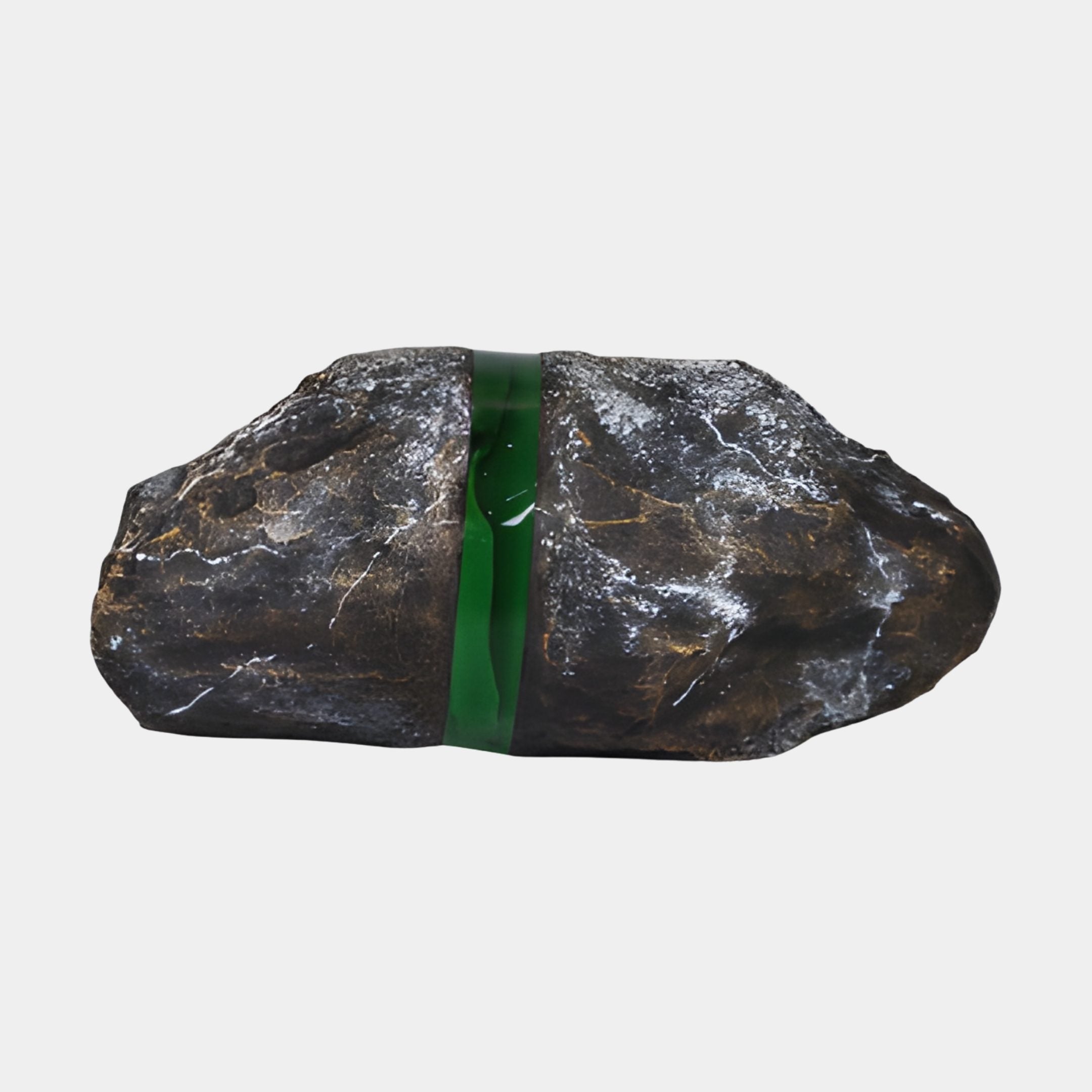 Giant Sculptures Emerald Green Translucent Resin Centered Vein Rock Sculpture 50cm, dark textured stone split by a glossy green resin seam, on a white background.